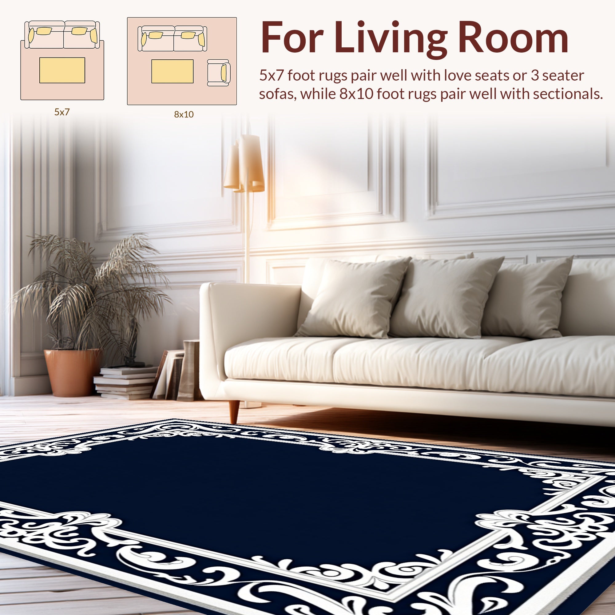 Ornate White Scrollwork Border Design Rug