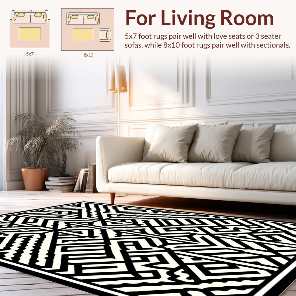 Black White Geometric Abstract Maze Rug