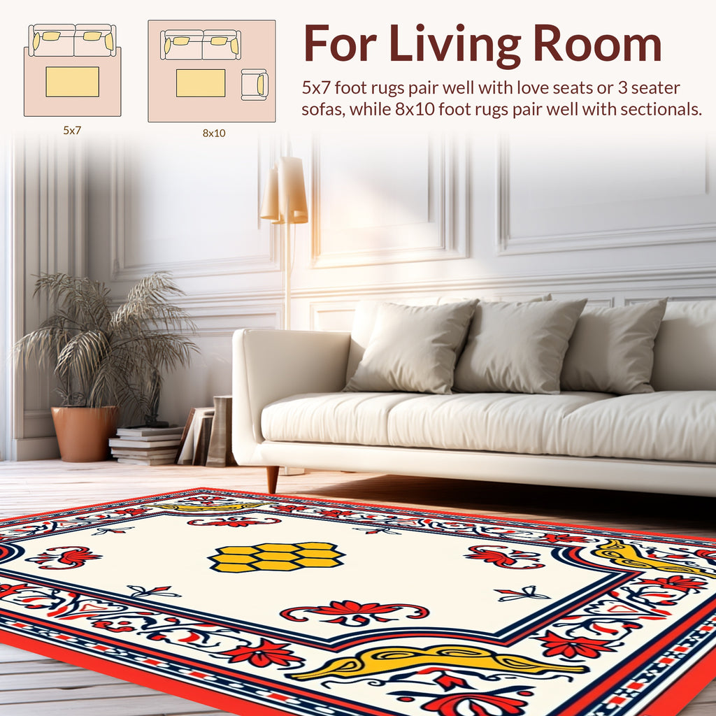 Red Yellow Floral Honeycomb Border Rug
