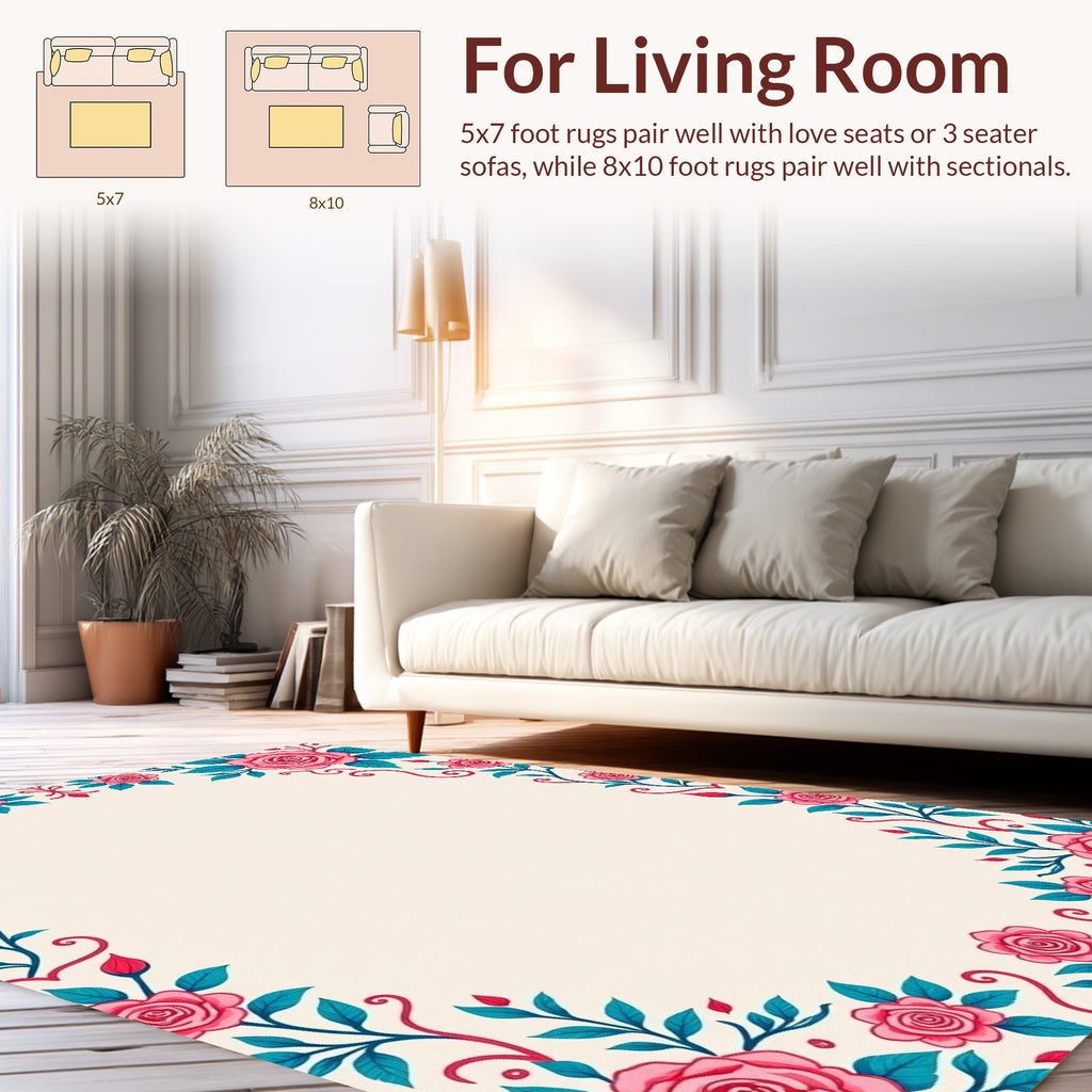Pink Rose Teal Leaf Flourish Rug