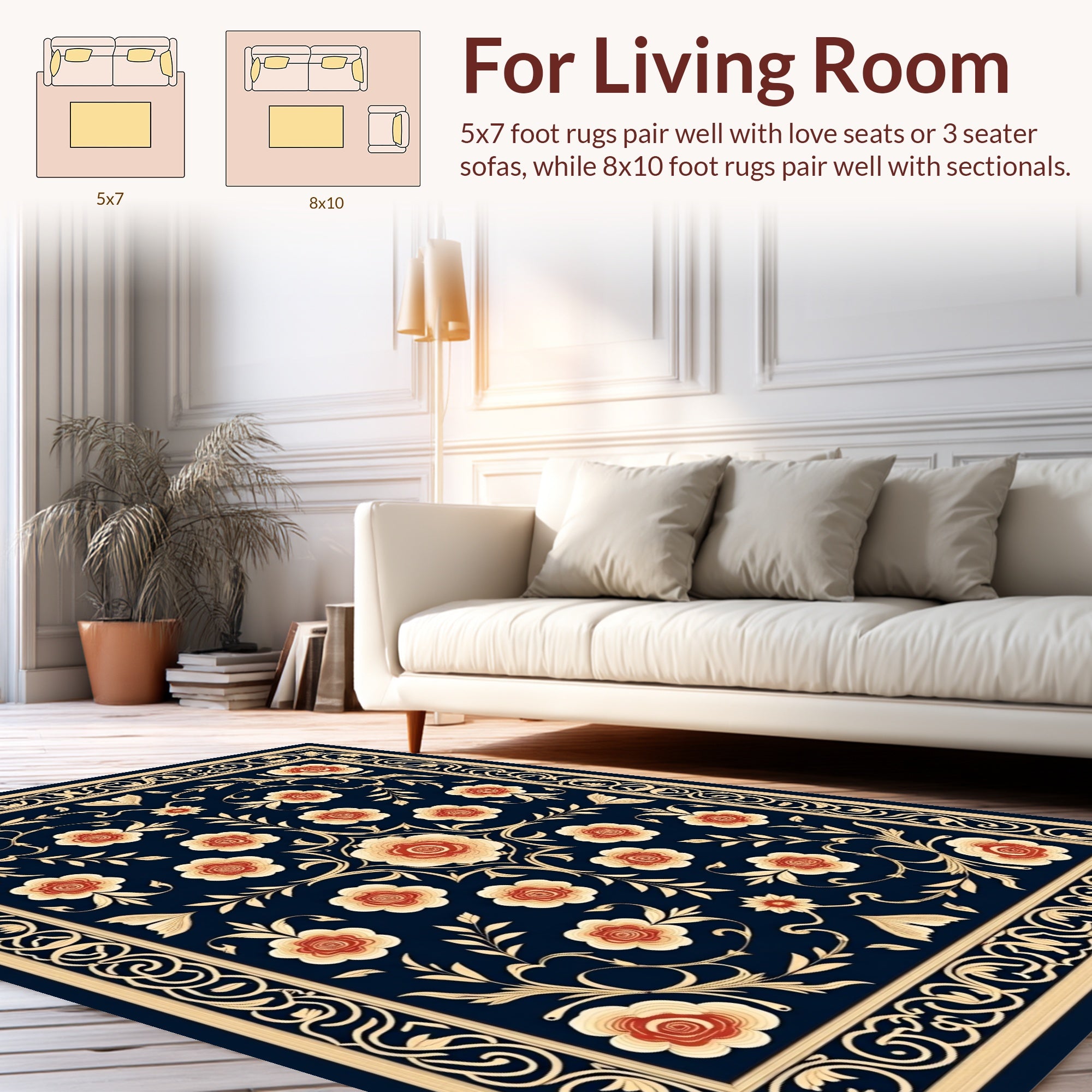 Ornate Floral Vines Dark Blue Rug