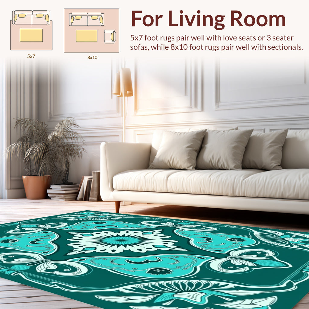 Art Nouveau Teal Floral Mandala Design Rug
