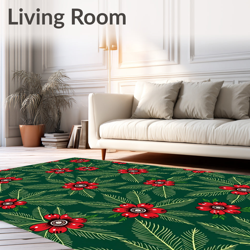 Emerald Green Red Bloom Foliage Rug