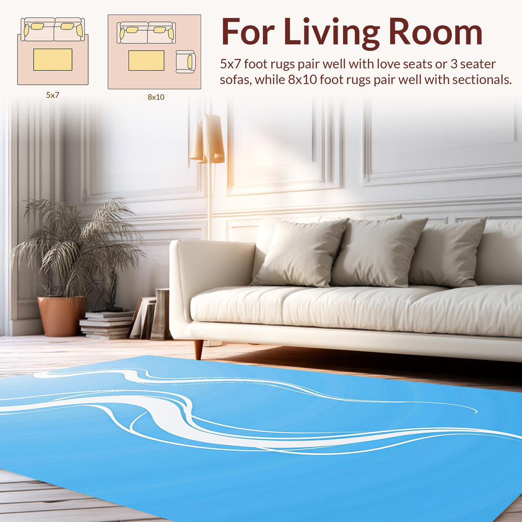 White Abstract Swirls With Blue Background Rug
