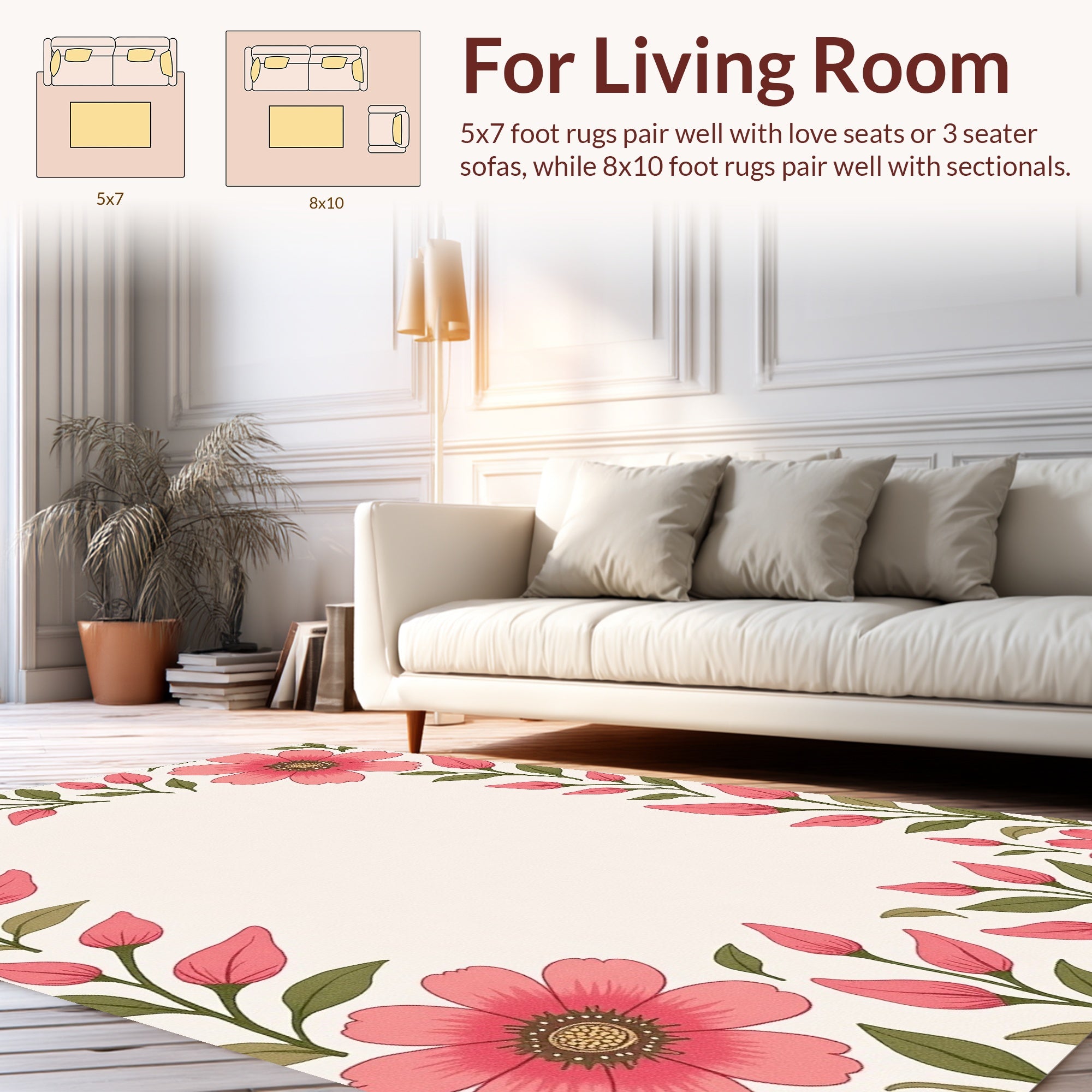 Pink floral border with green leaves Rug