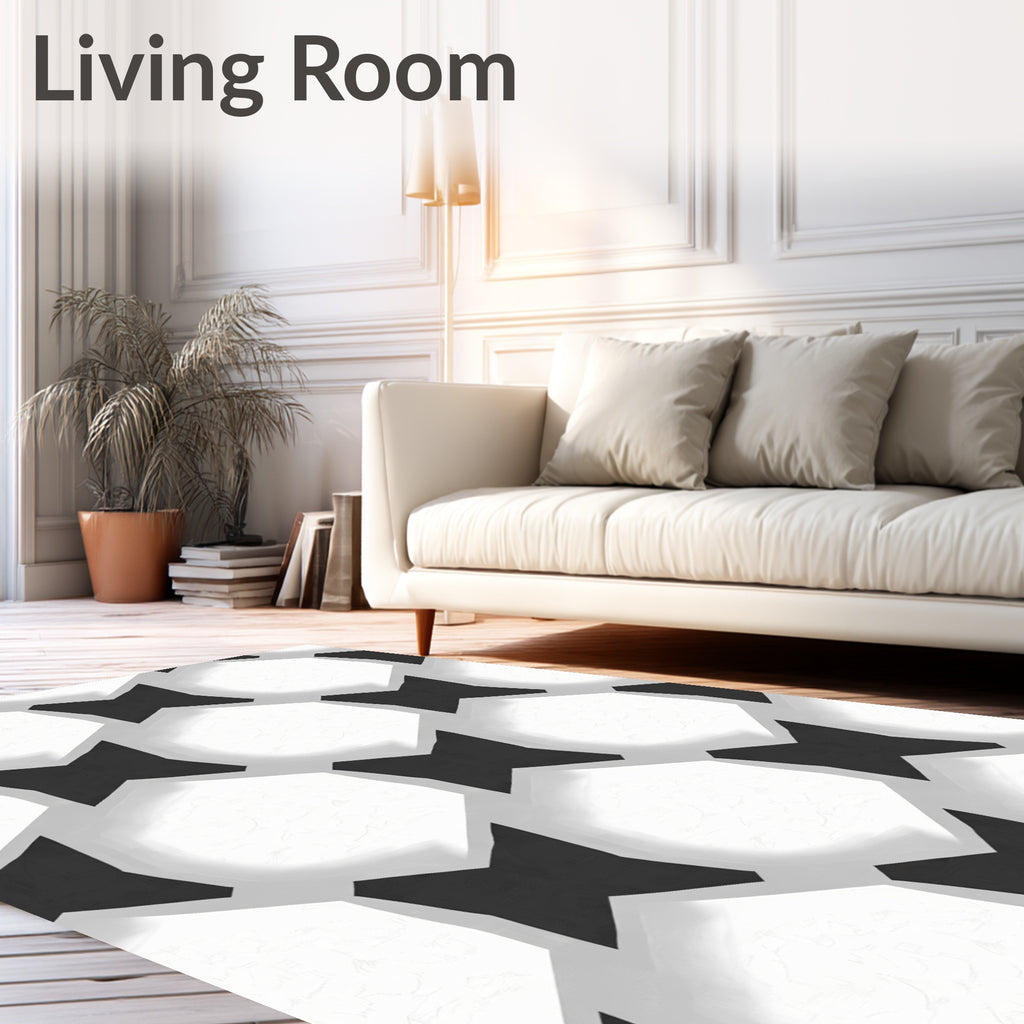 Abstract Black White Geometric Hexagonal Pattern Rug