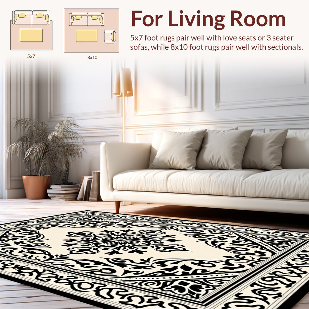 Classic Black Ivory Floral Ornament Rug