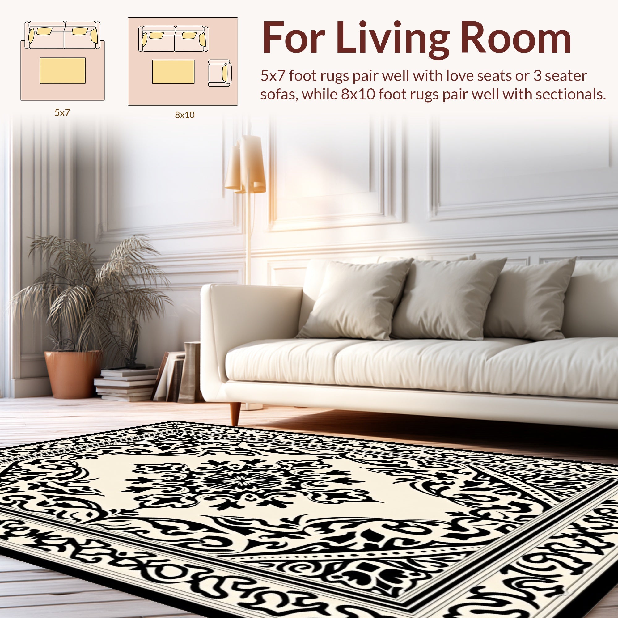 Classic Black Ivory Floral Ornament Rug