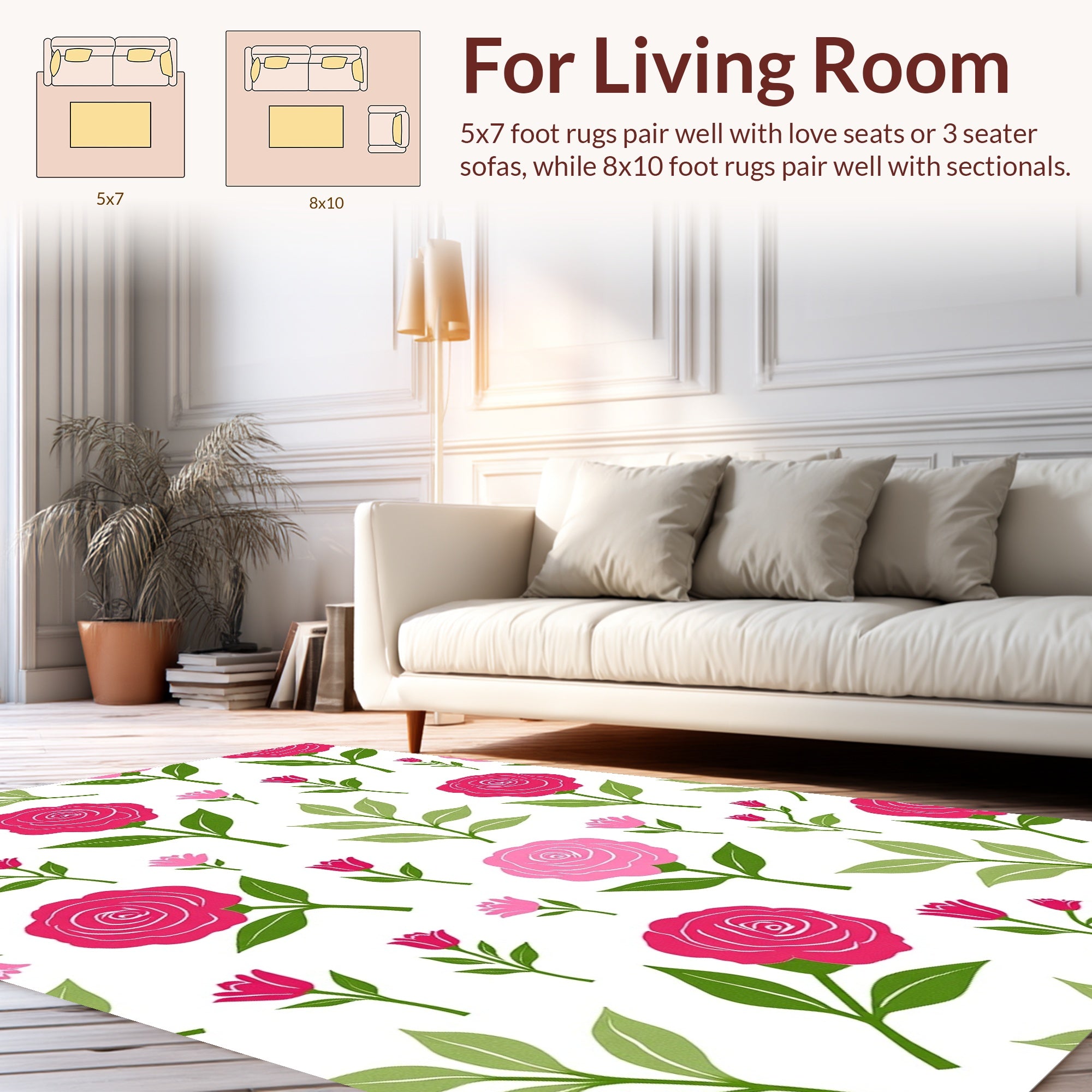 Pink Rose Floral Patterned Design Rug