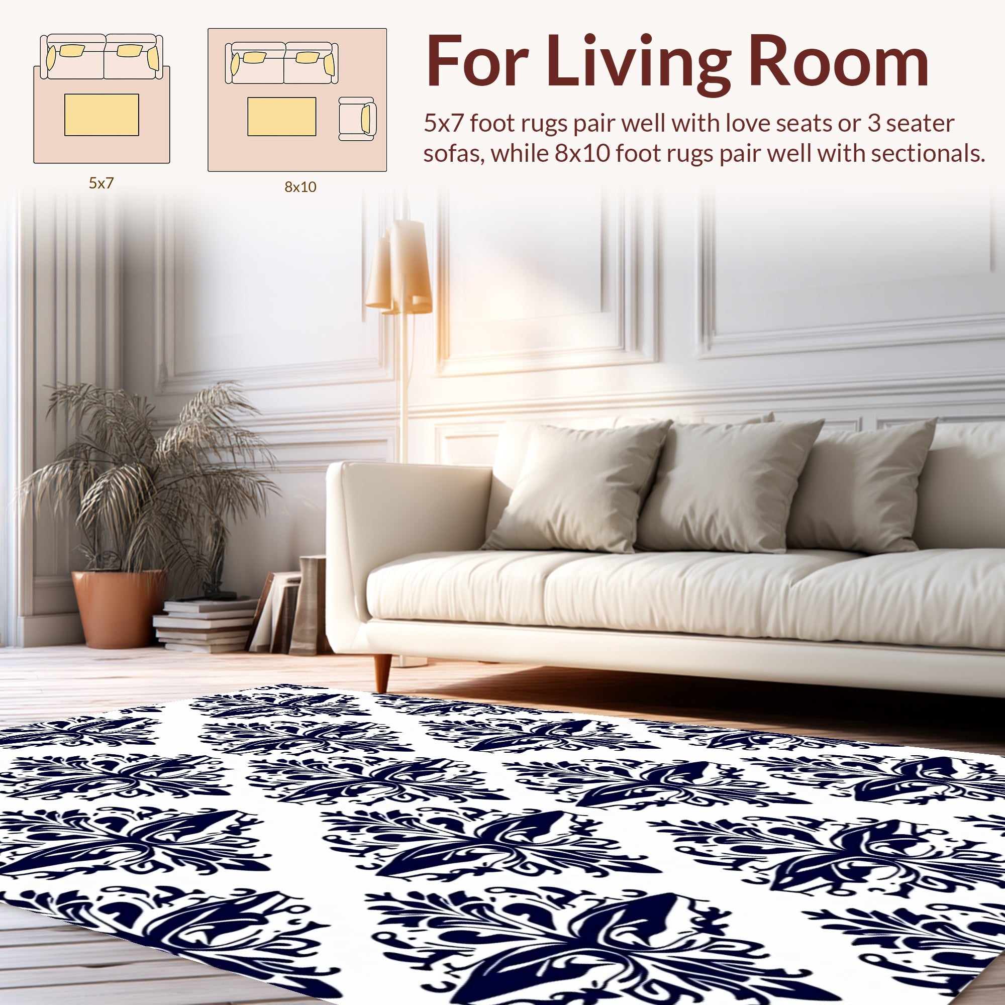 Classic Navy Damask Pattern Rug