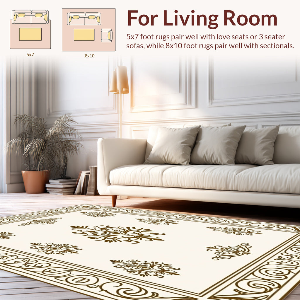 Ornate Brown Floral Damask Pattern Rug