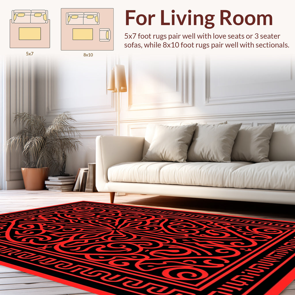Bold Red Black Intricate Floral Design Rug