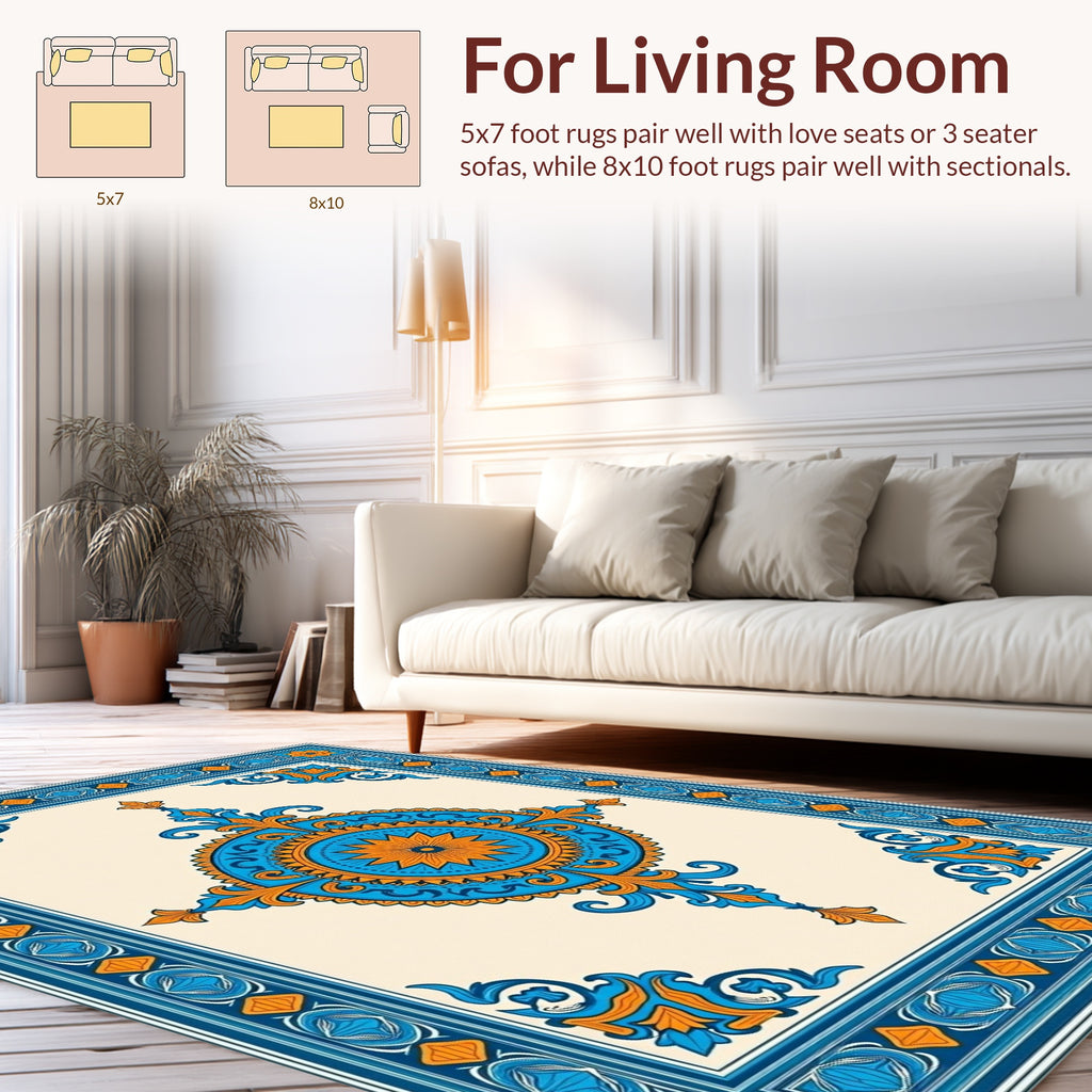 Ornate Blue Orange Medallion Motif Rug