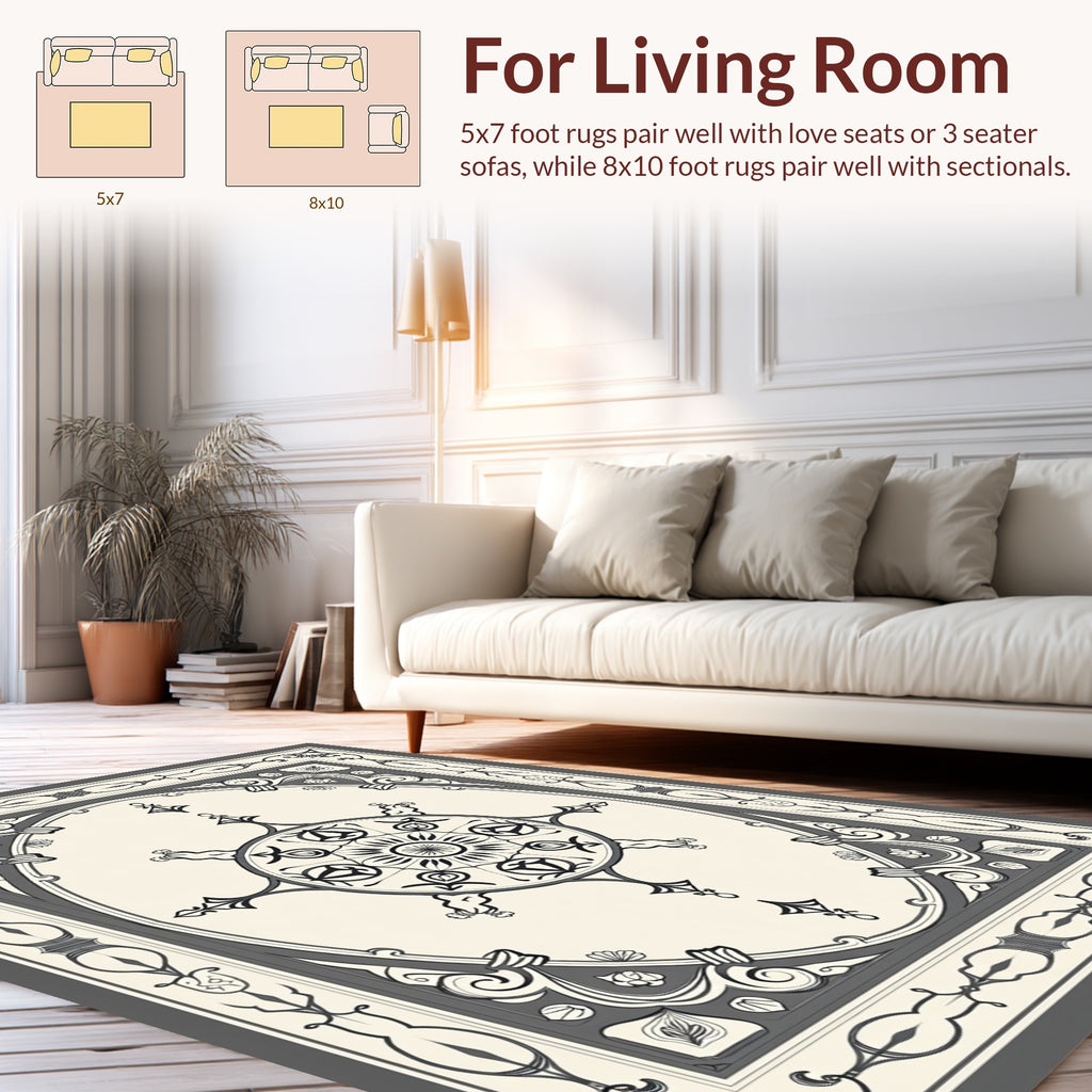 Elegant Monochrome Medallion Ornamental Design Rug