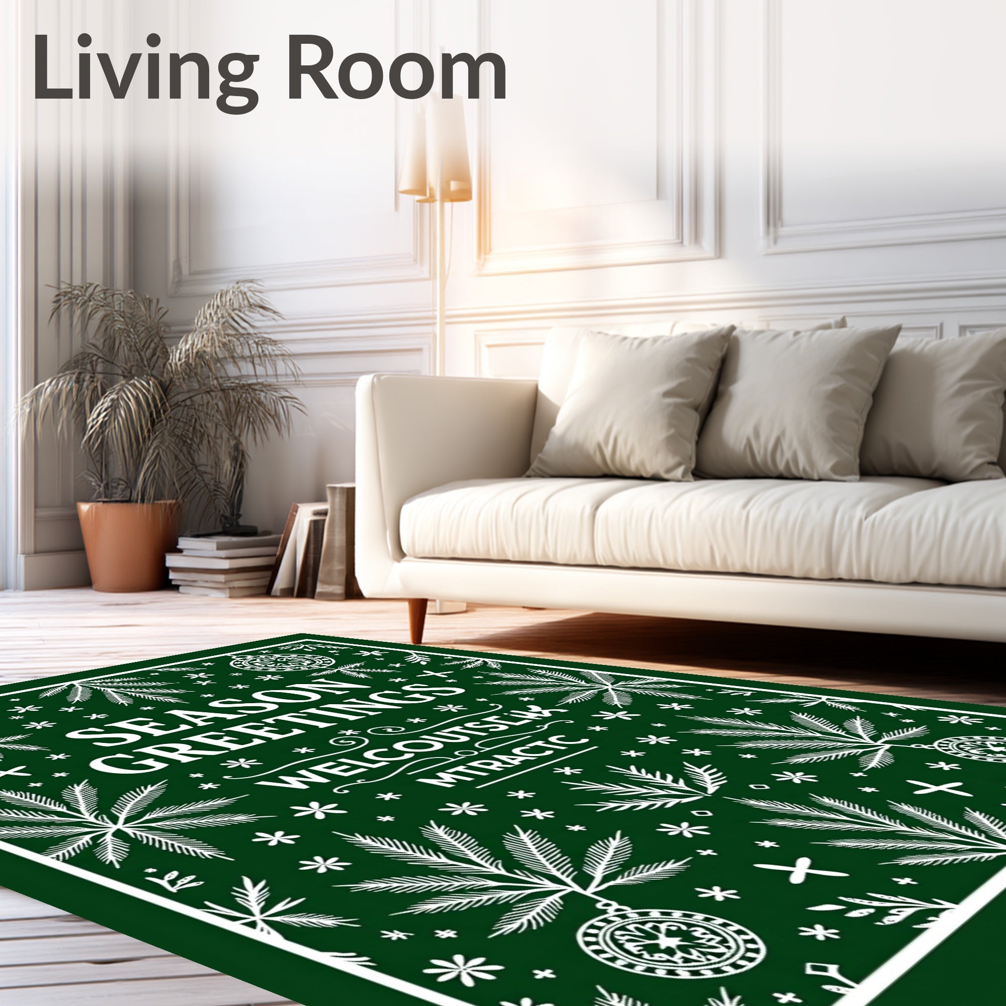 Green White Festive Foliage Ornaments Rug