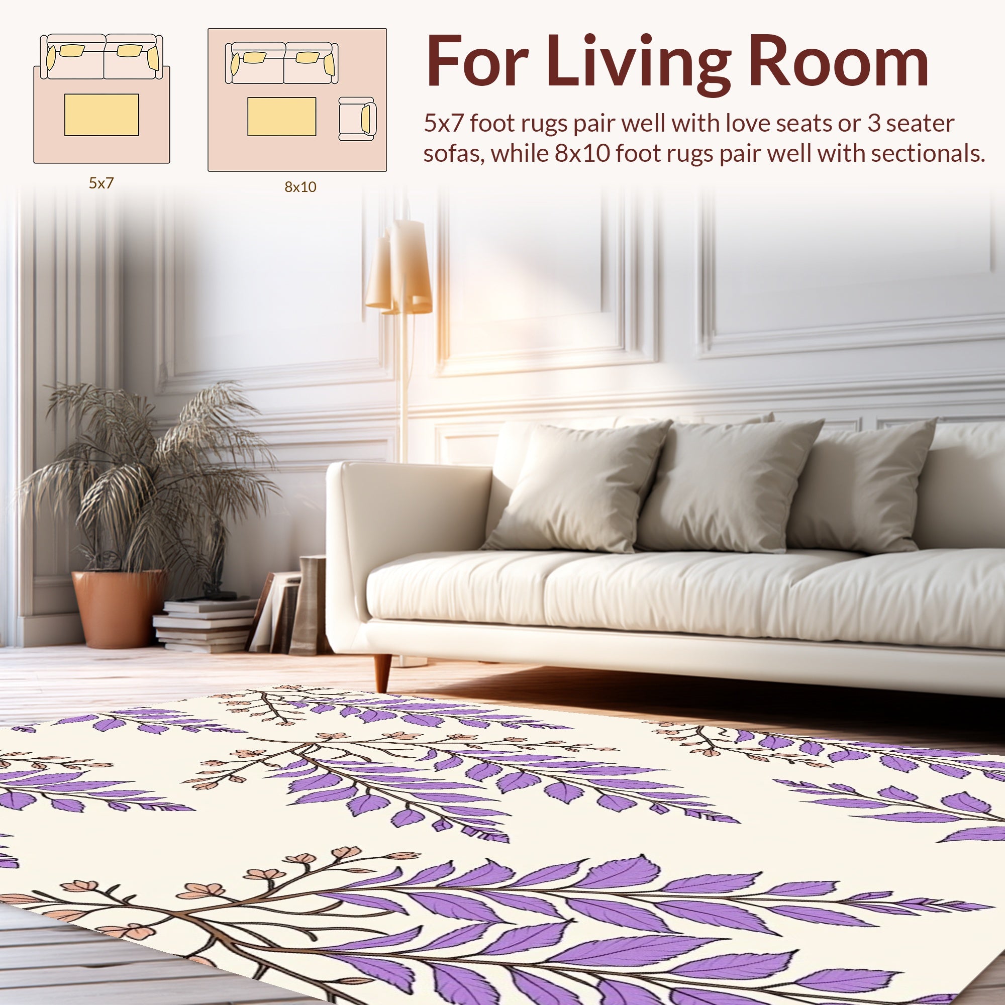 Purple Leafy Branch Pattern Rug