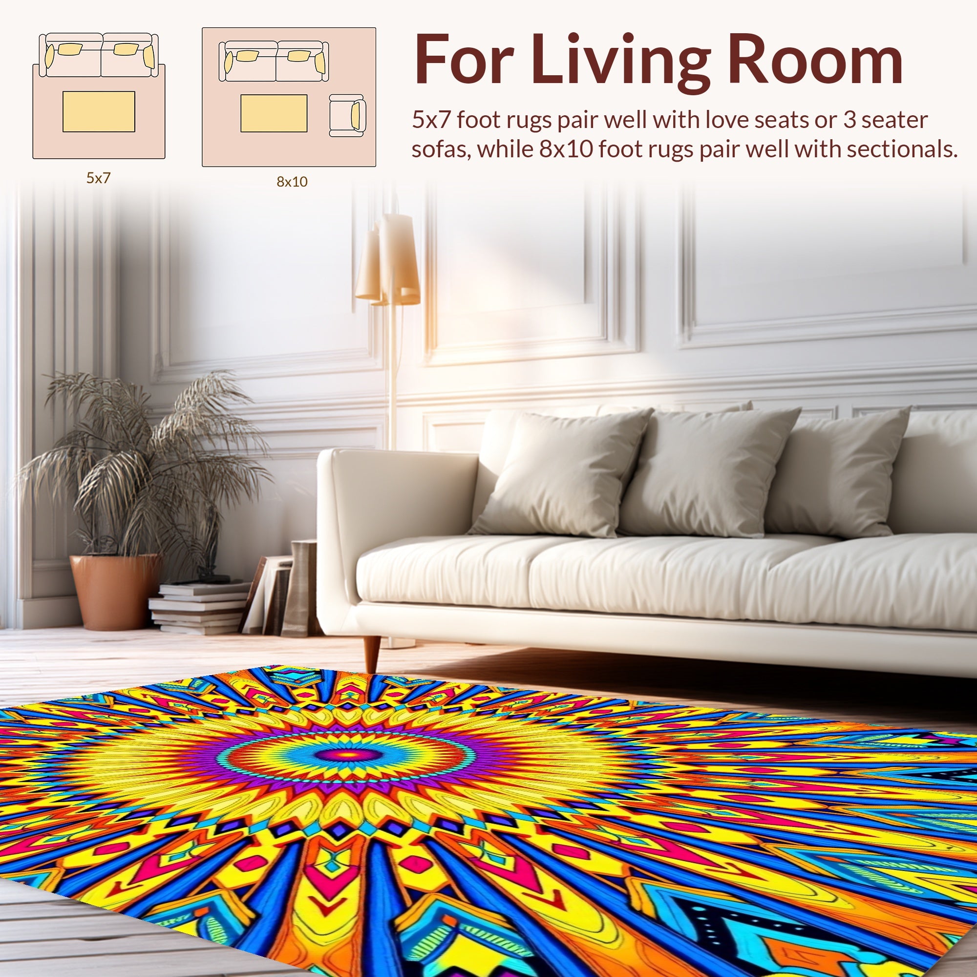 Bright Psychedelic Sunburst Mandala Pattern Rug