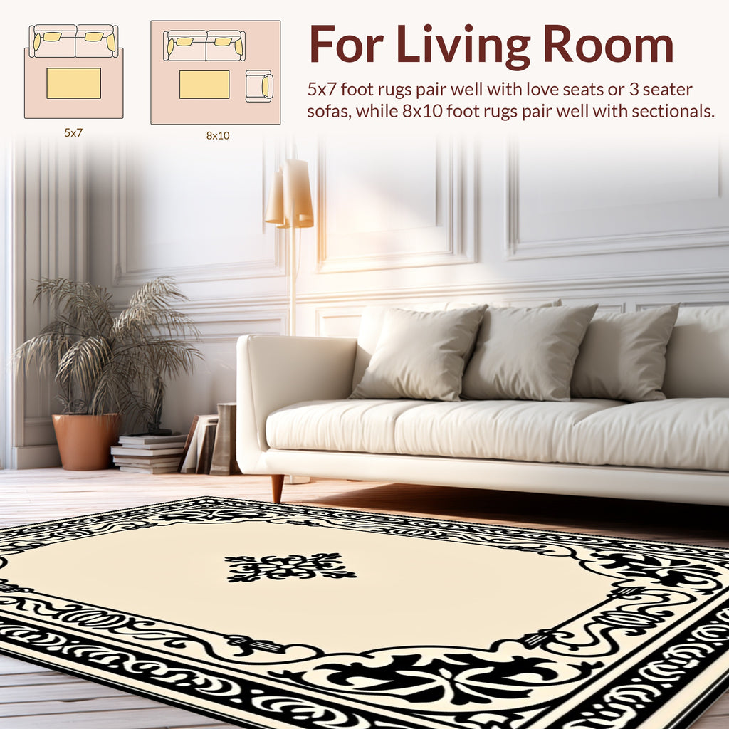 Ornate Black Floral Scrollwork Design Rug