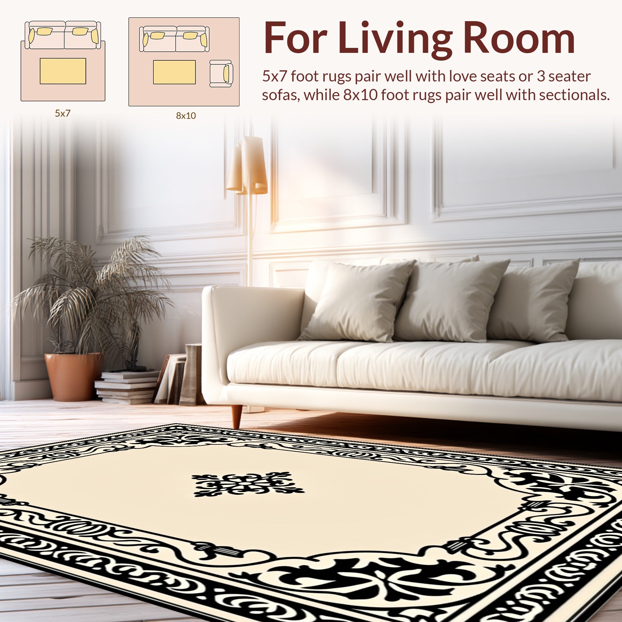 Ornate Black Floral Scrollwork Design Rug