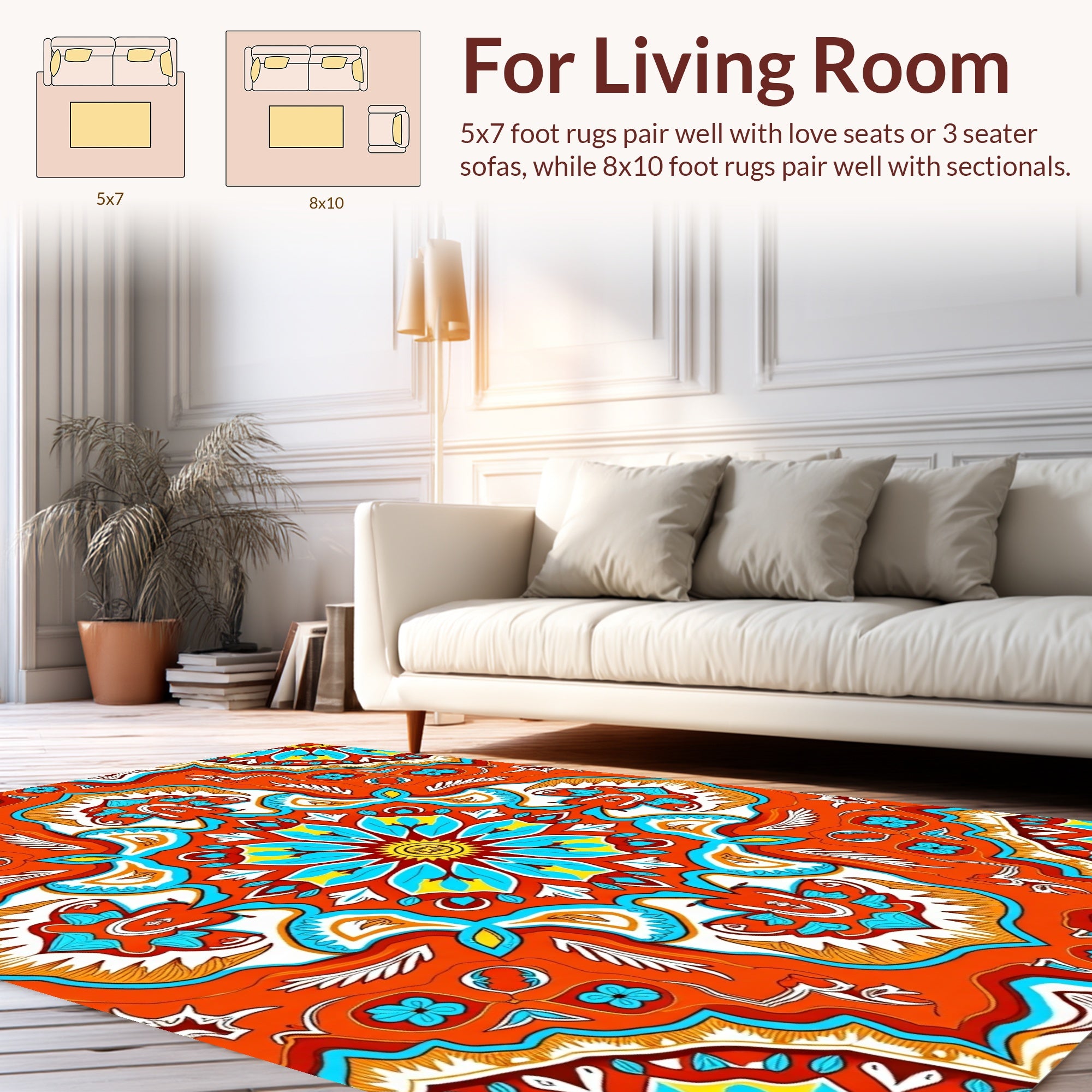 Vibrant Orange Blue Floral Mandala Design Rug