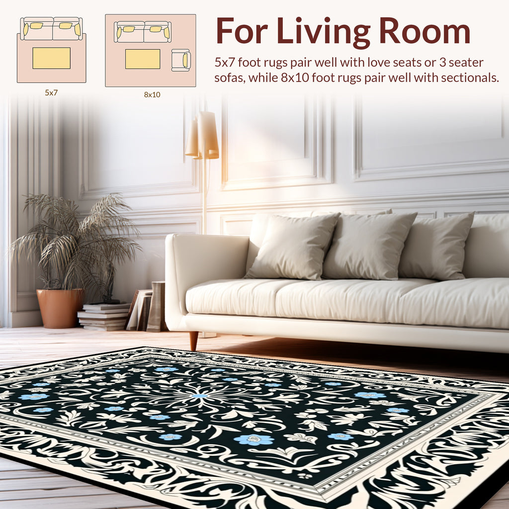 Ornate Black Cream Floral Pattern Rug