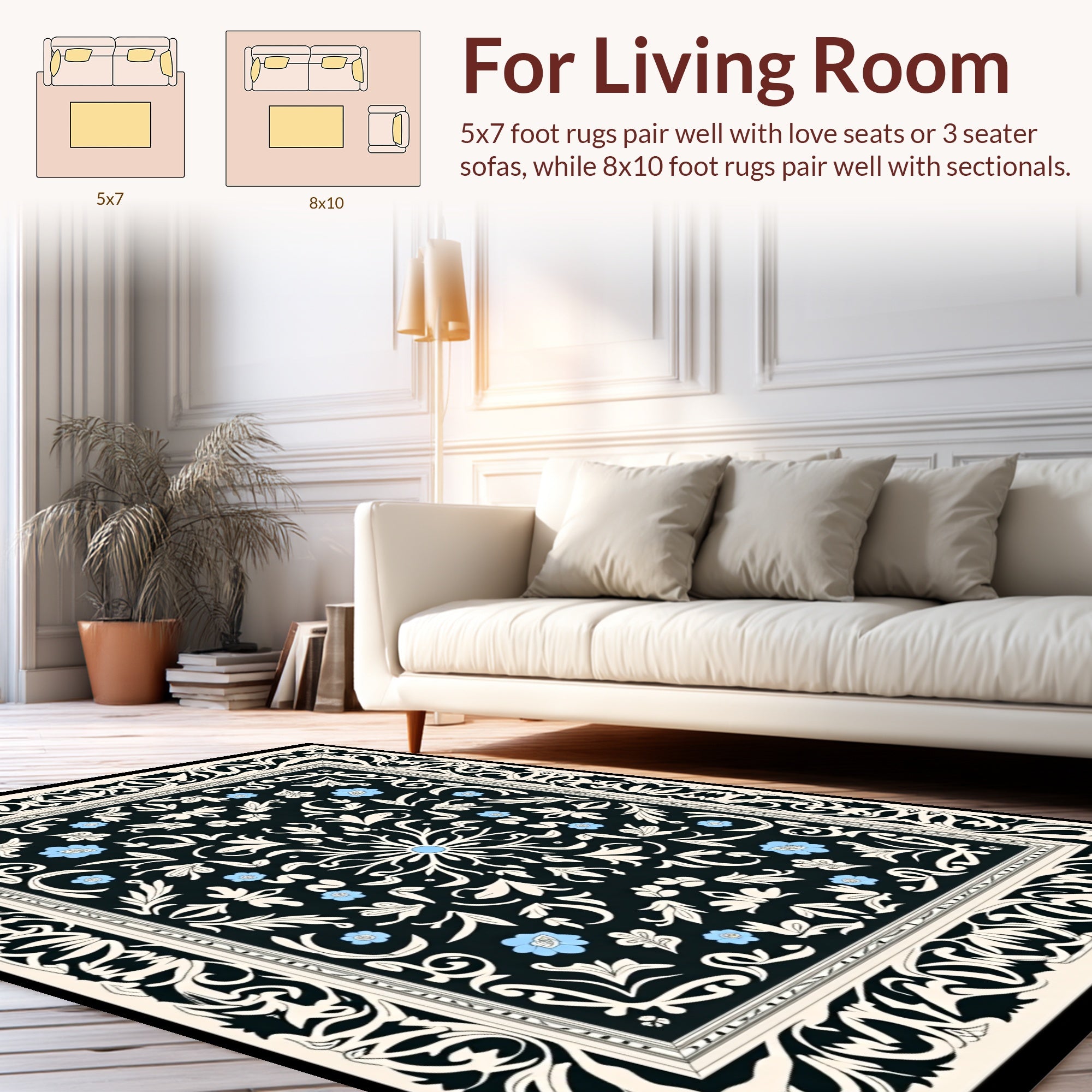 Ornate Black Cream Floral Pattern Rug