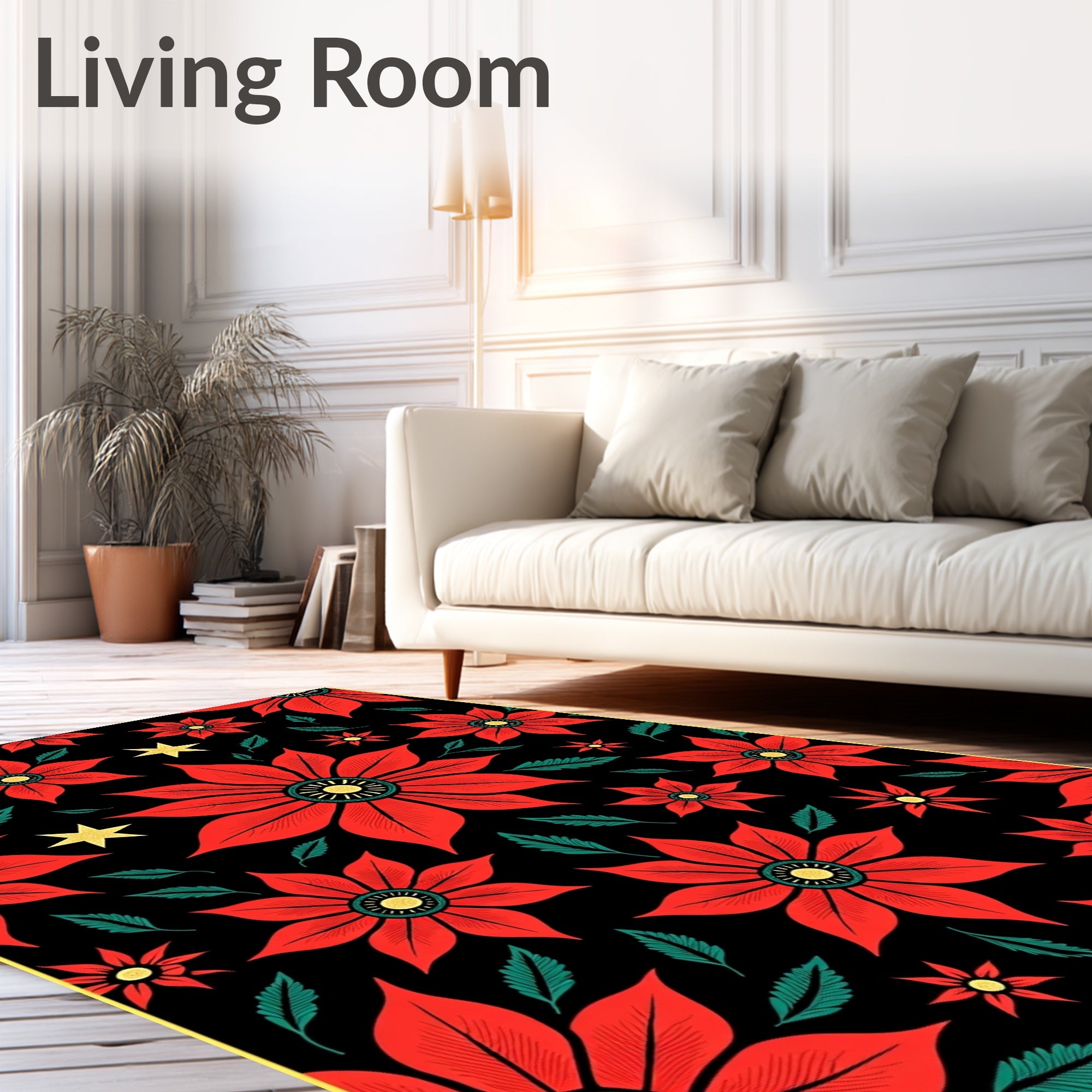 Vintage Red Poinsettia Black Star Rug