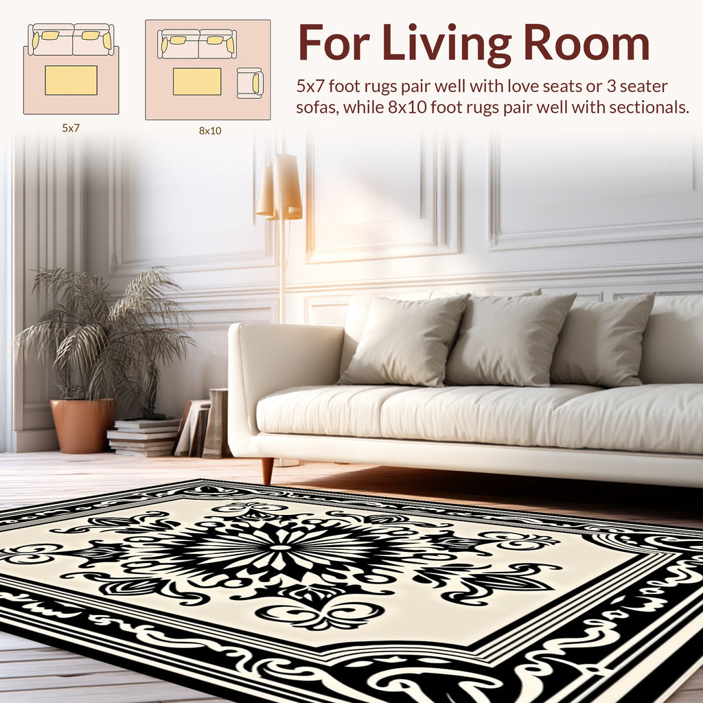 Ornate Black Ivory Symmetry Mandala Rug
