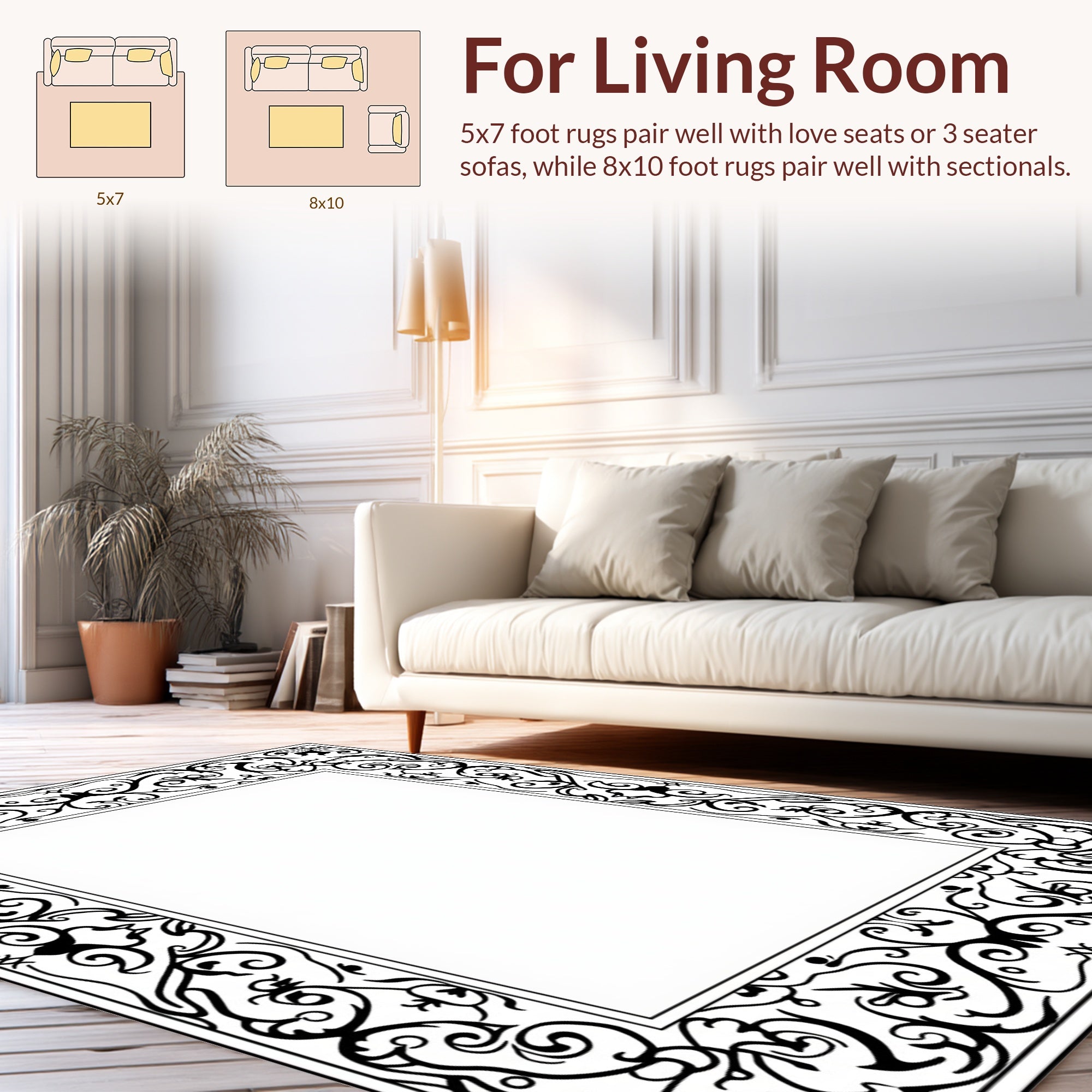 Classic Black Scroll Vine Design Rug
