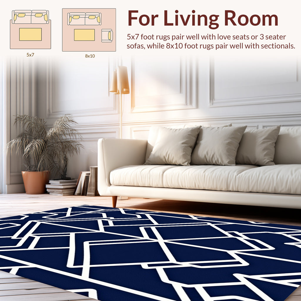 Geometric white lines on navy background Rug