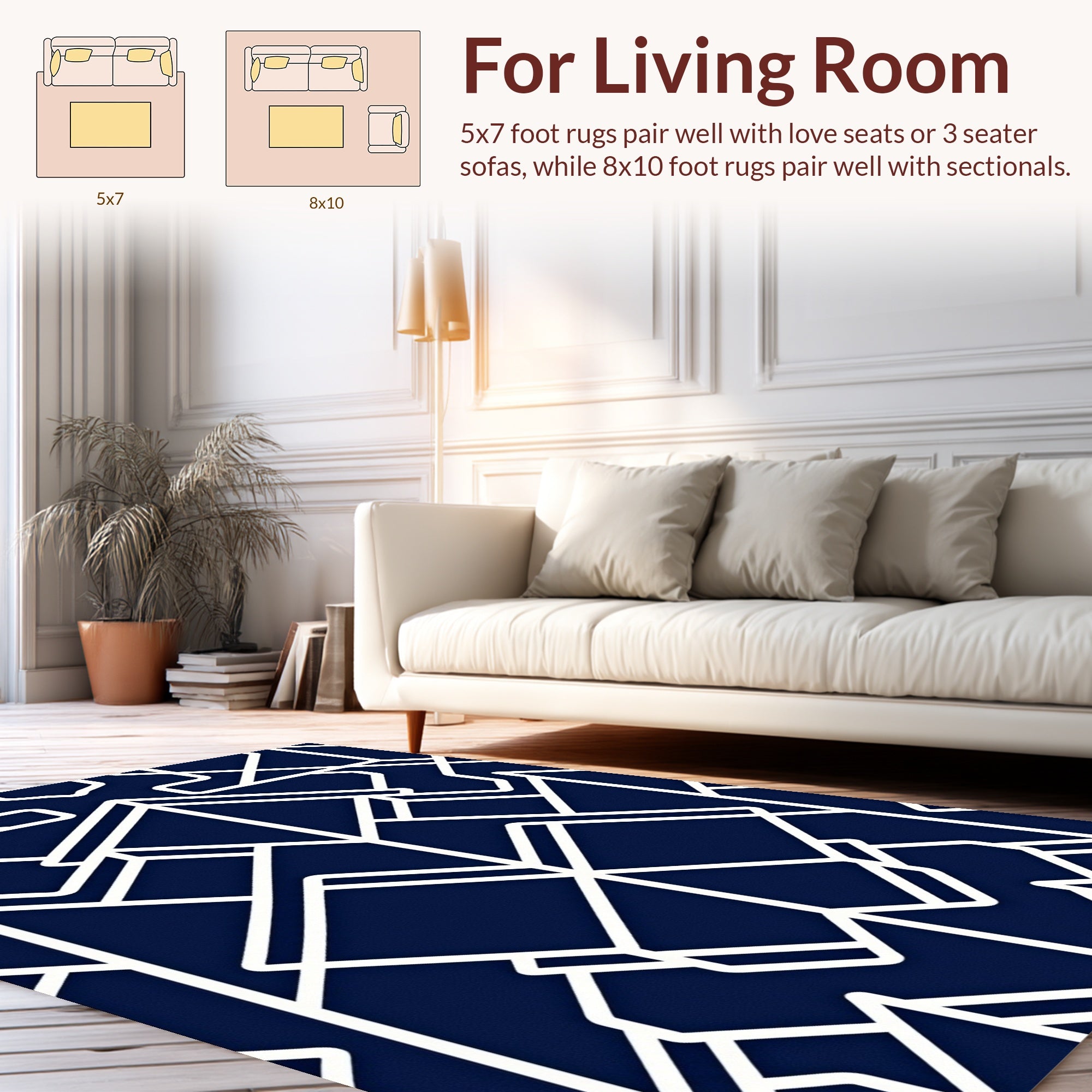 Geometric white lines on navy background Rug