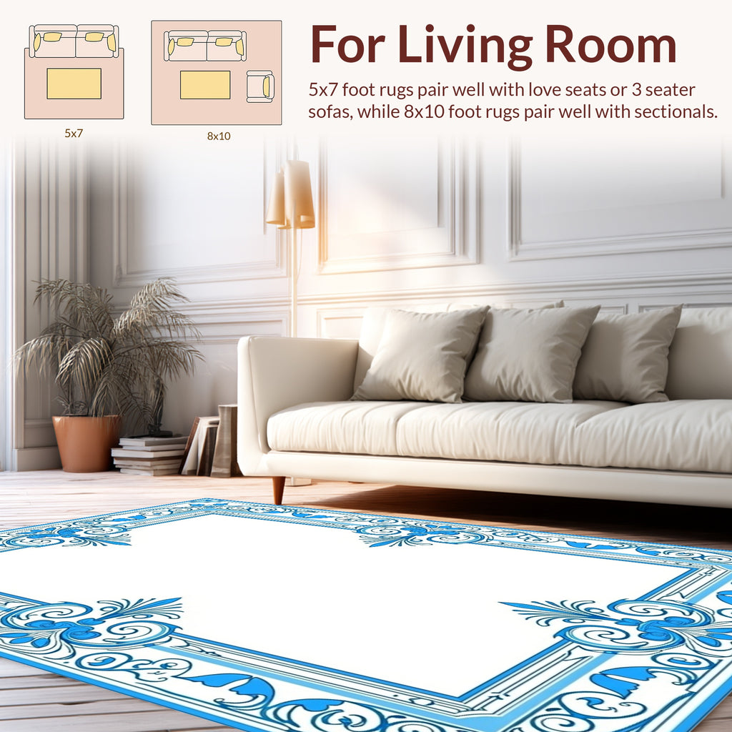 Ornate Blue Floral Scroll Border Rug