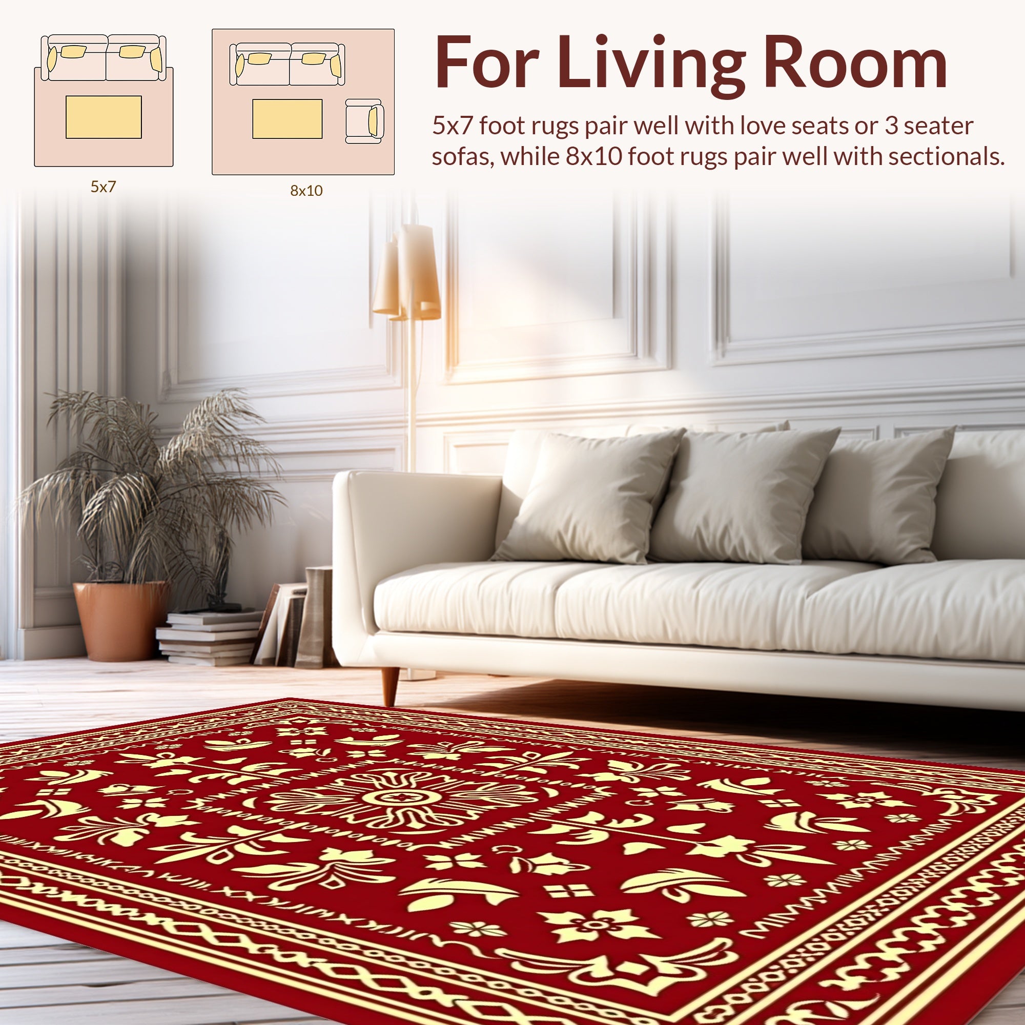 Deep Red Ivory Floral Motif Rug