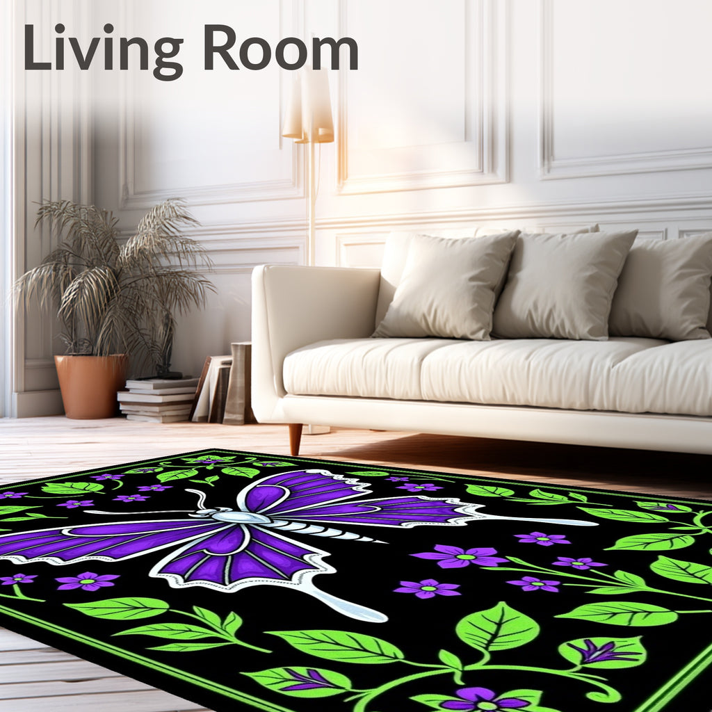 Vibrant Purple Butterfly Garden Illustration Rug