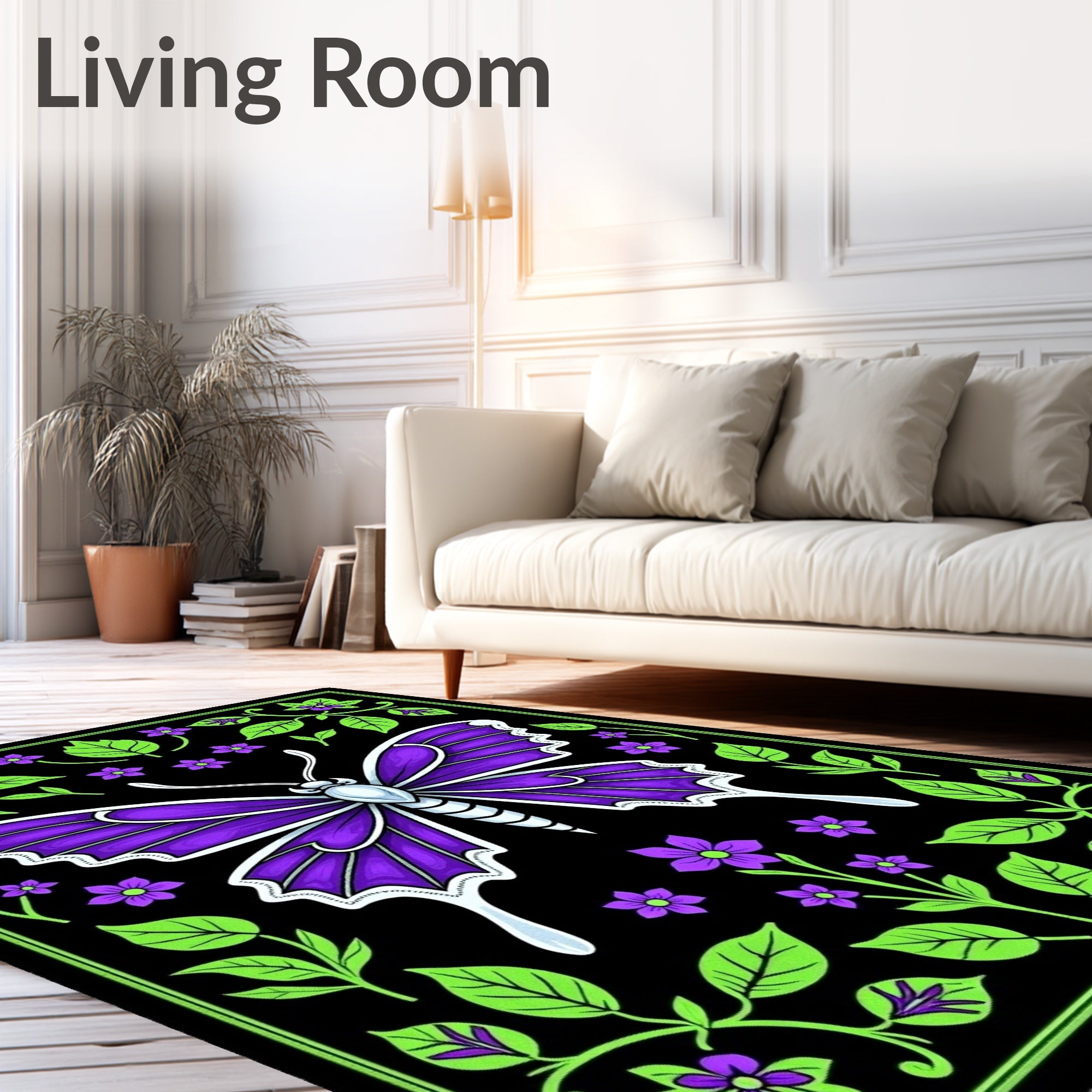 Vibrant Purple Butterfly Garden Illustration Rug