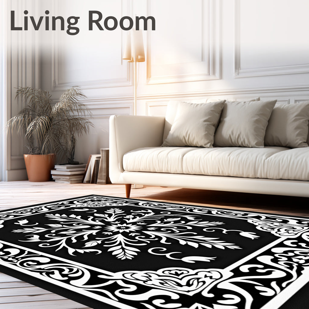 Floral Mandala Black White Intricate Rug