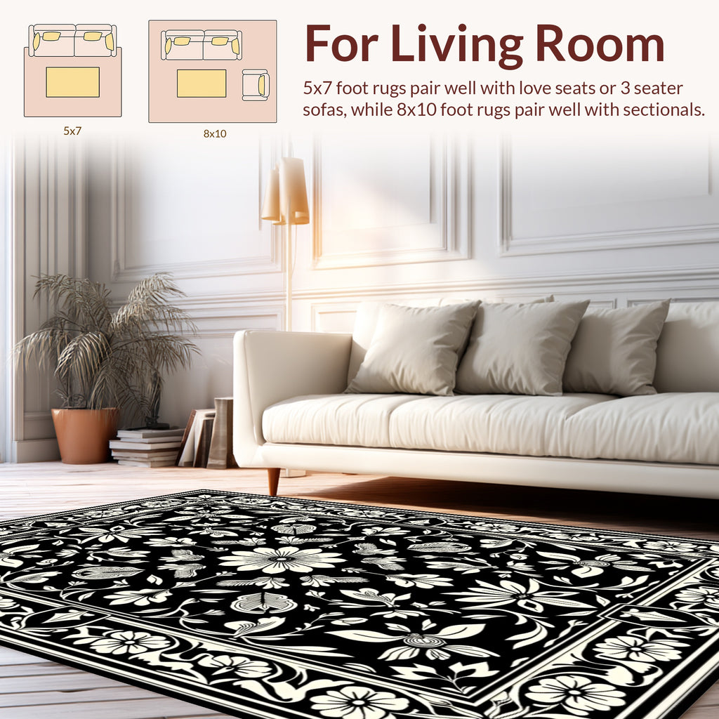 Classic Black White Floral Scroll Rug