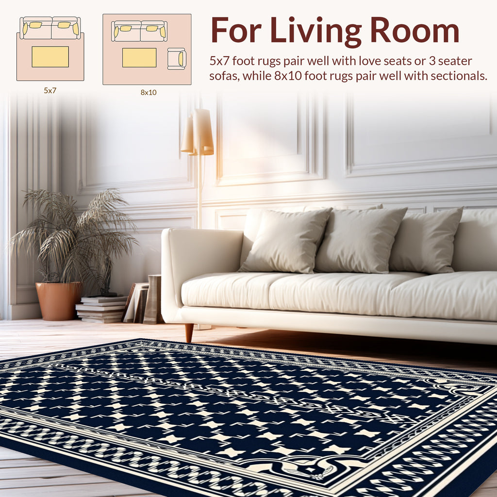 Geometric Navy Cream Medallion Pattern Rug