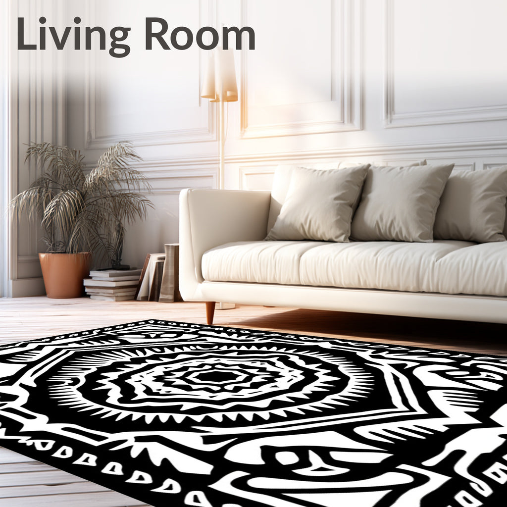 Intricate Black White Mandala Design Rug