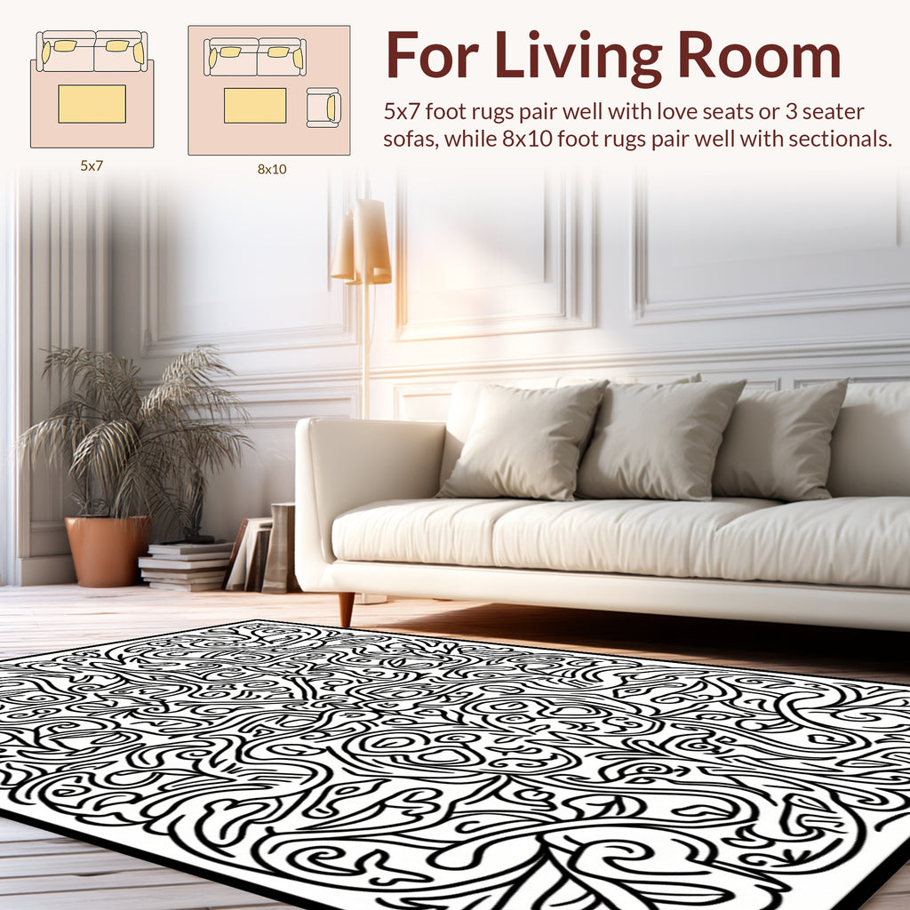 Ornate Black And White Floral Rug