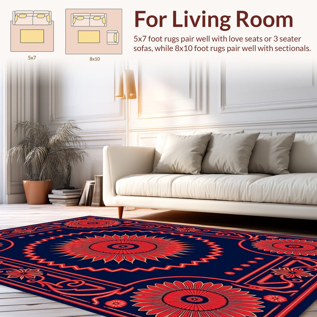 Bold Red Floral Sunburst Pattern Rug