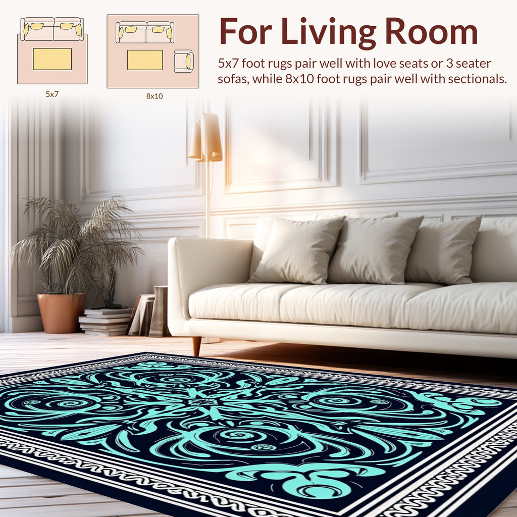 Teal Abstract Tribal Floral Pattern Rug