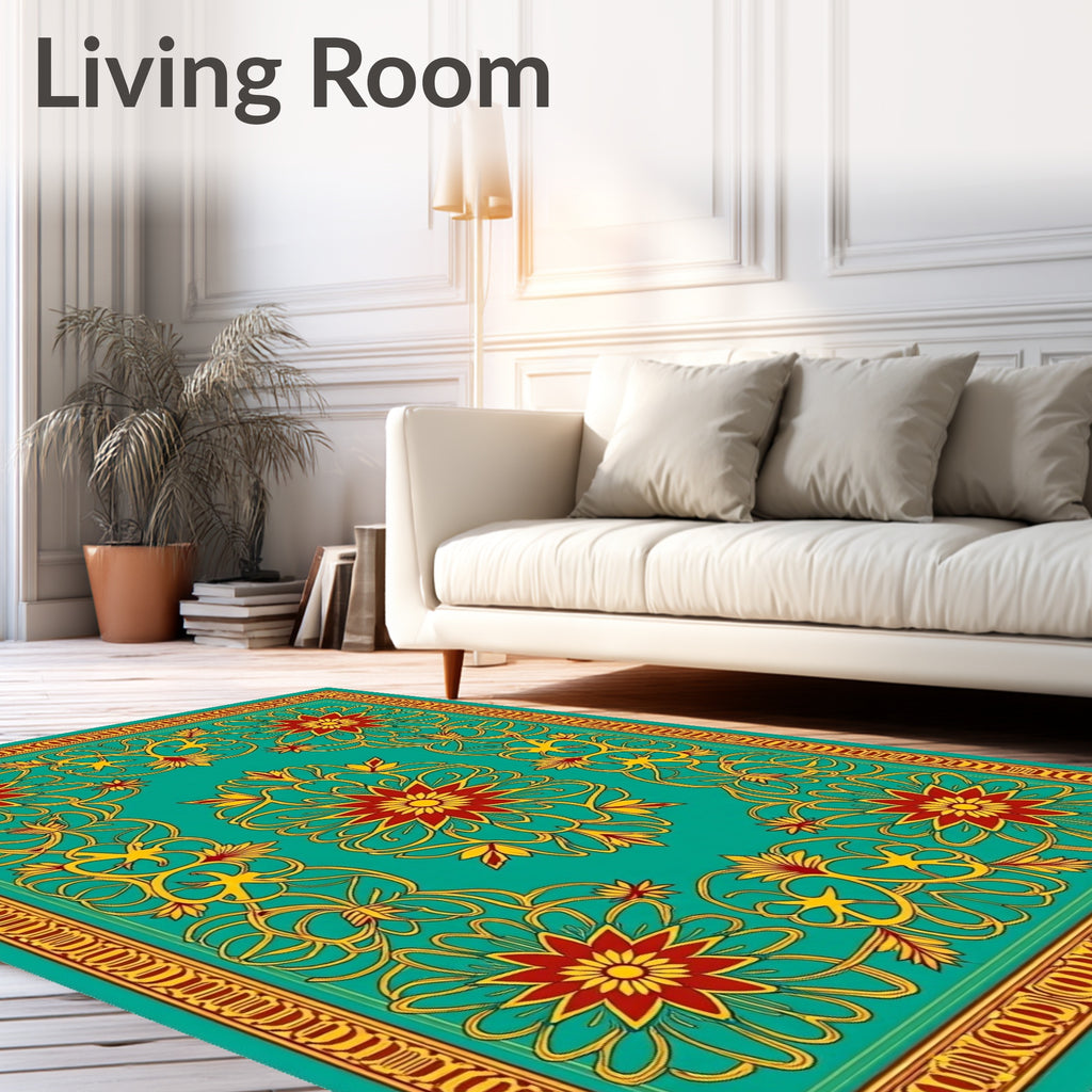 Teal Red Gold Floral Medallion Rug