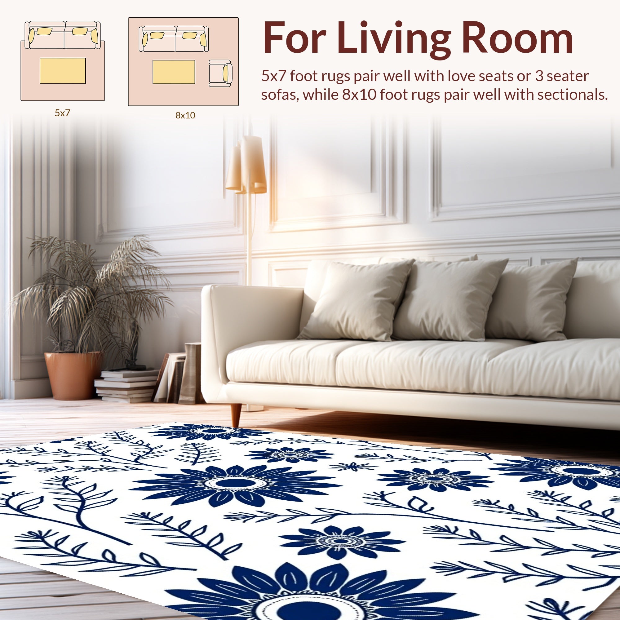 Navy Blue Floral Sprig Pattern Rug