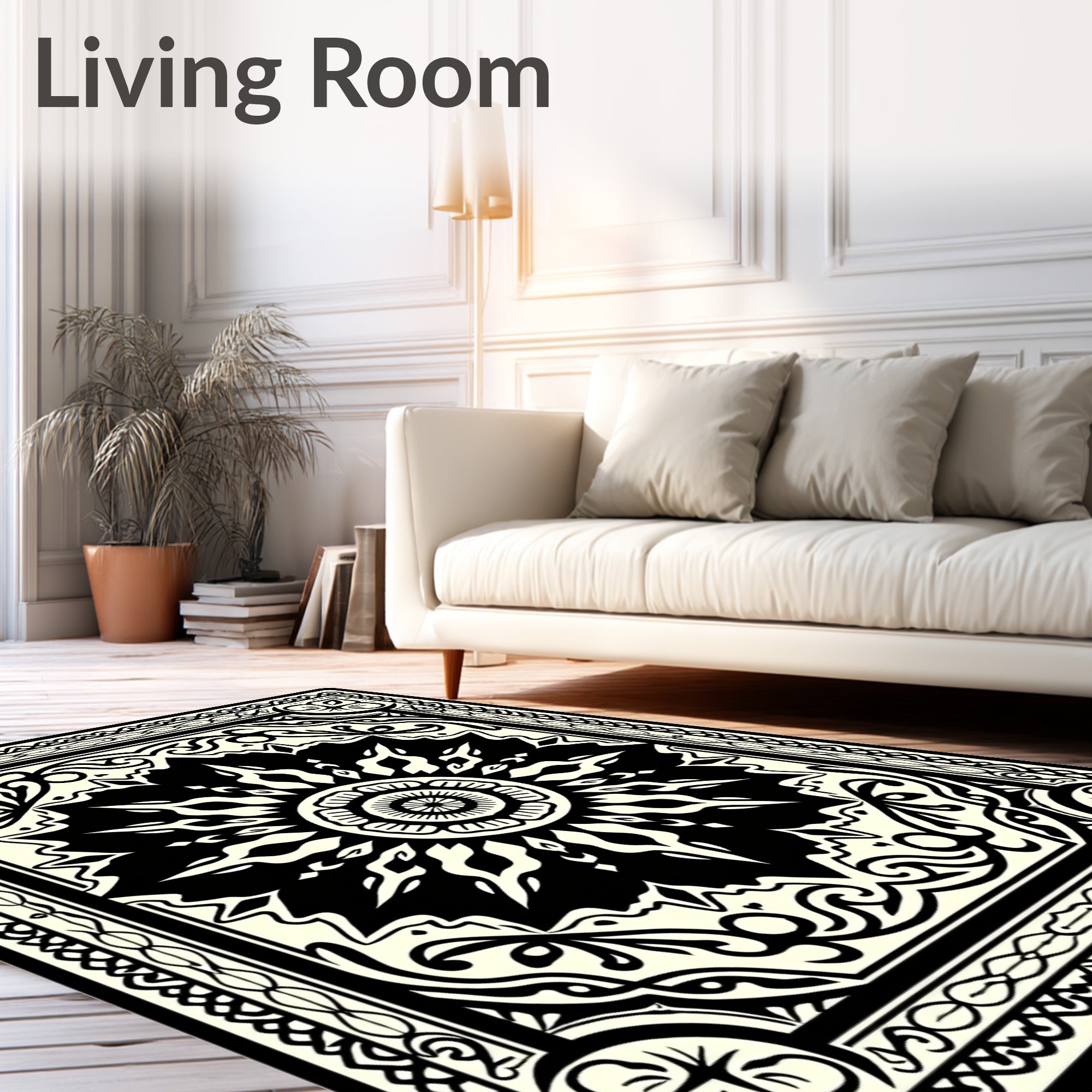 Black and Cream Sunburst Medallion Rug