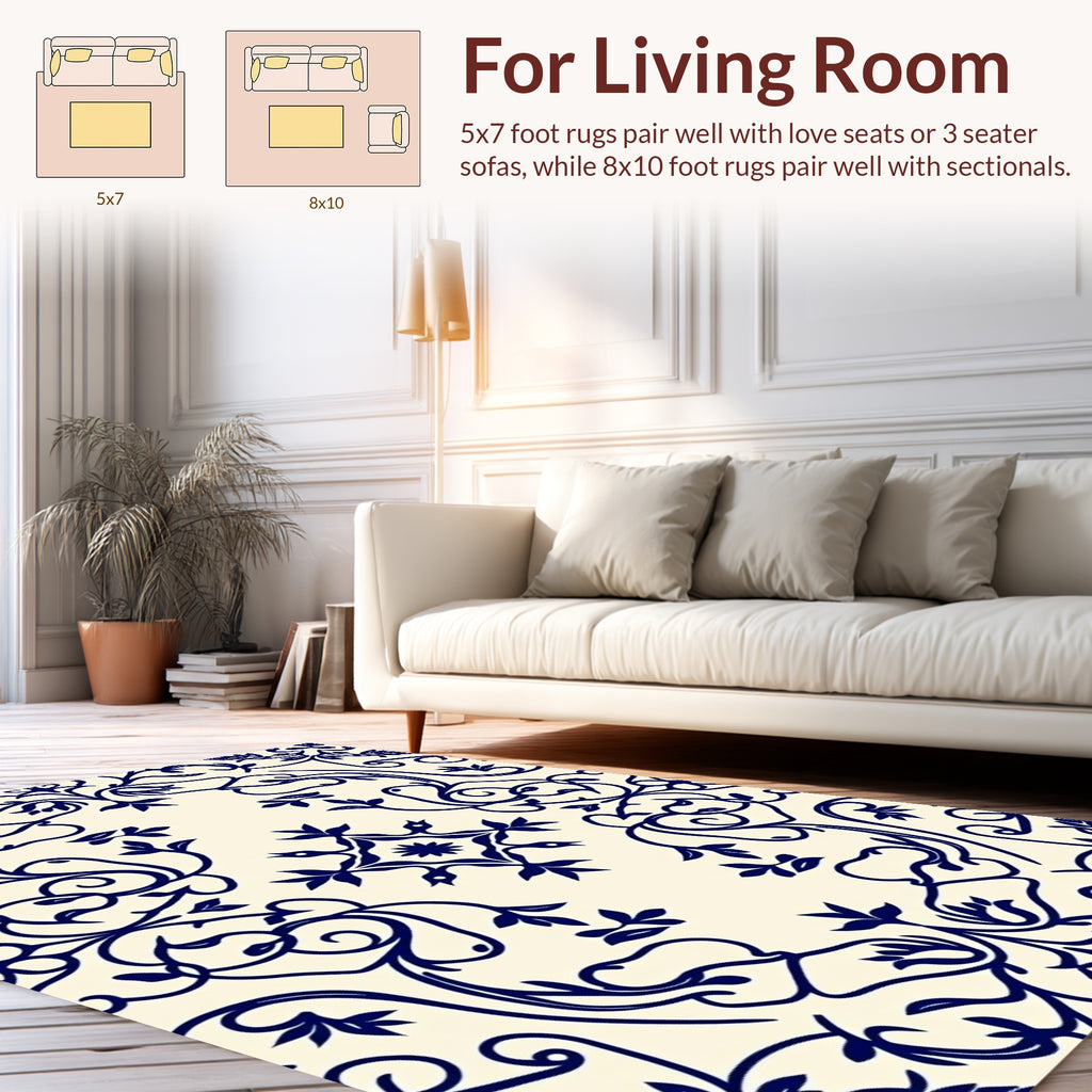 Classic Navy Floral Vine Pattern Rug