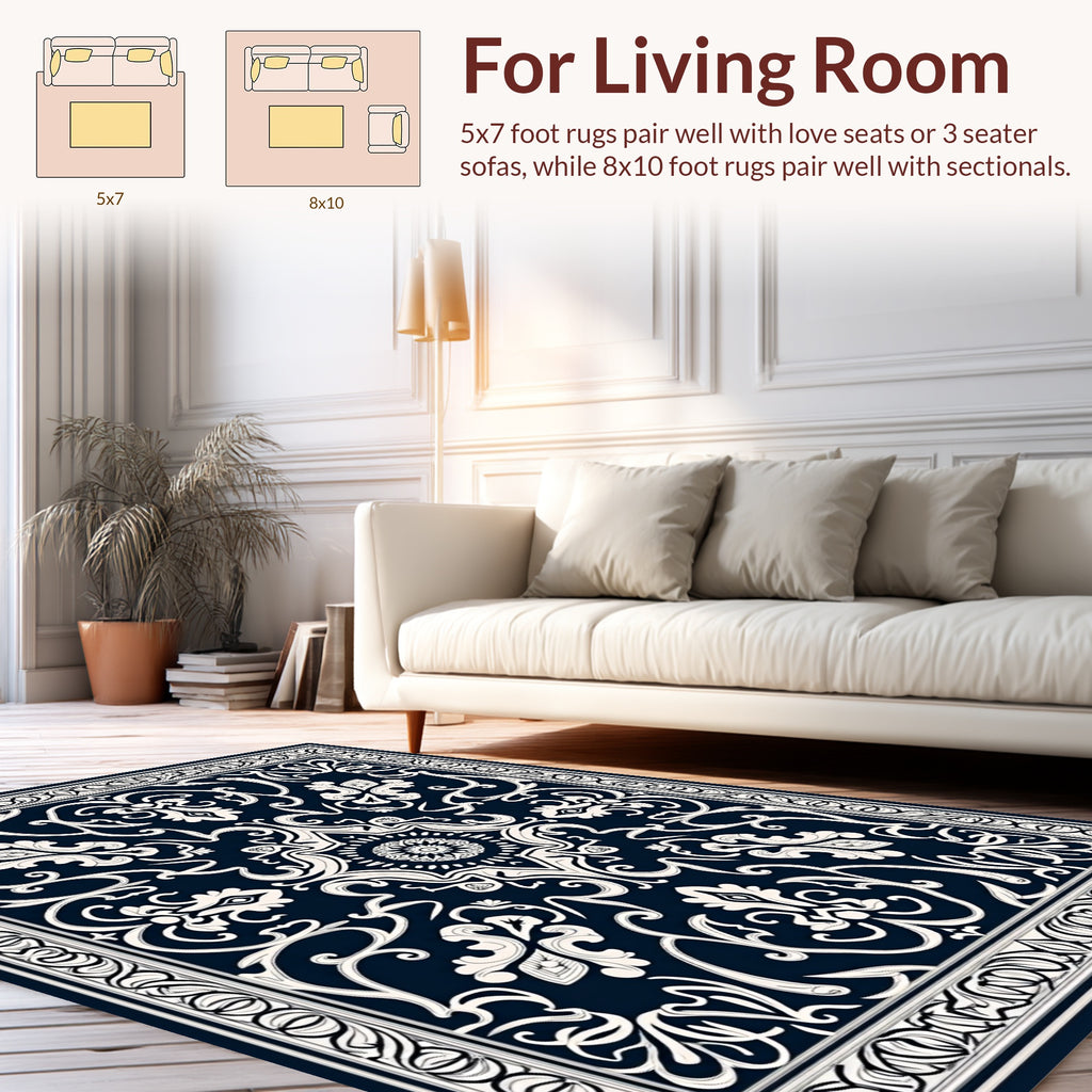 Classic Navy Cream Floral Pattern Rug