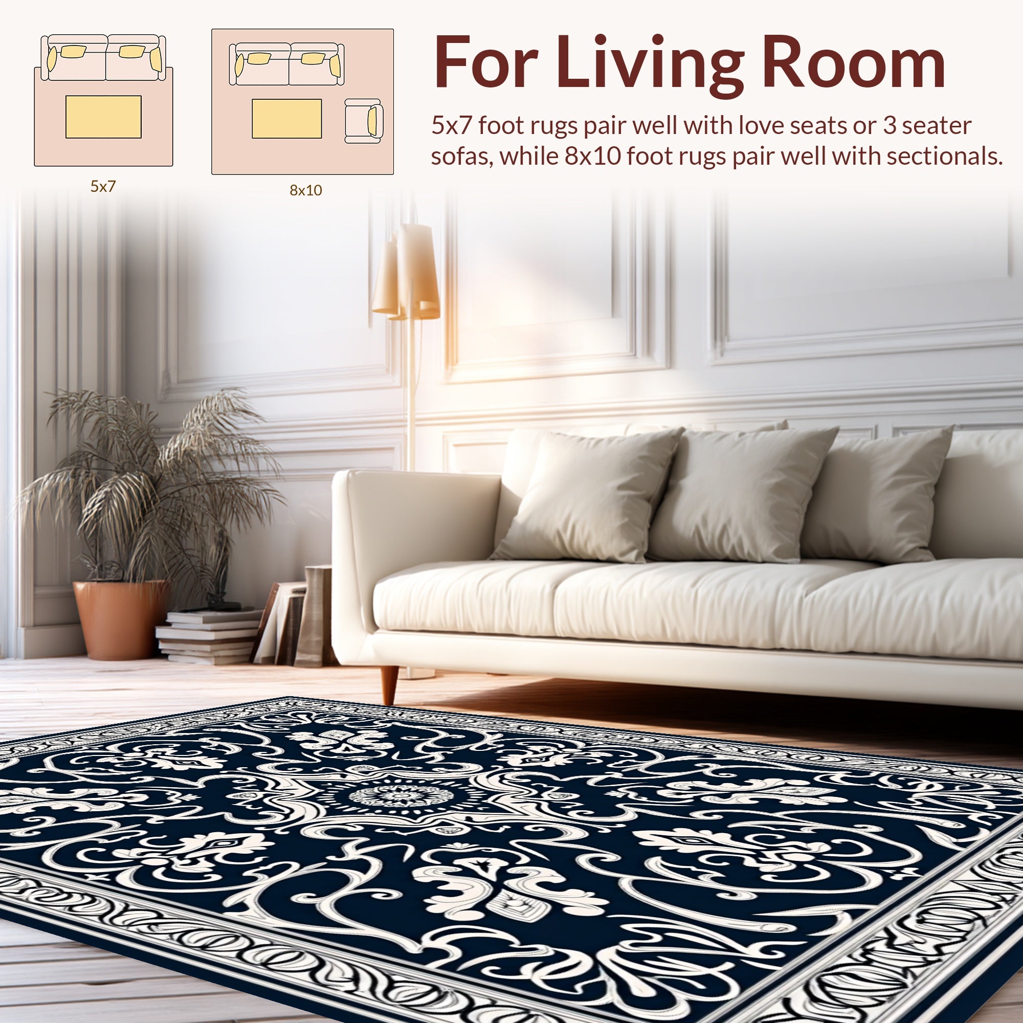 Classic Navy Cream Floral Pattern Rug