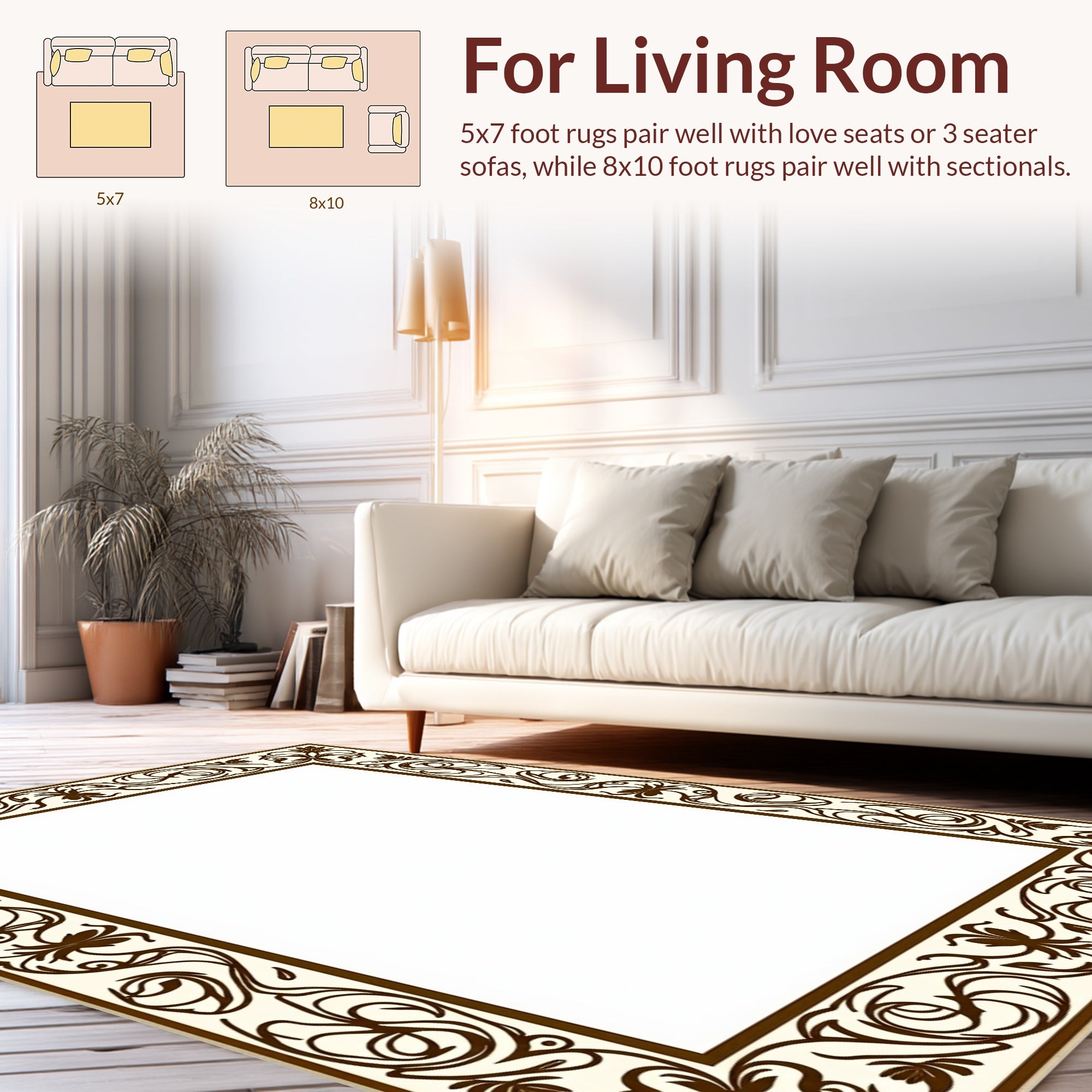 Ornate Floral Vines Cream Brown Rug