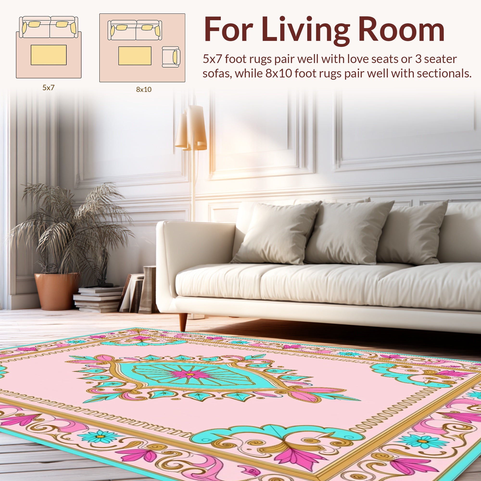 Pink Teal Golden Floral Medallion Rug